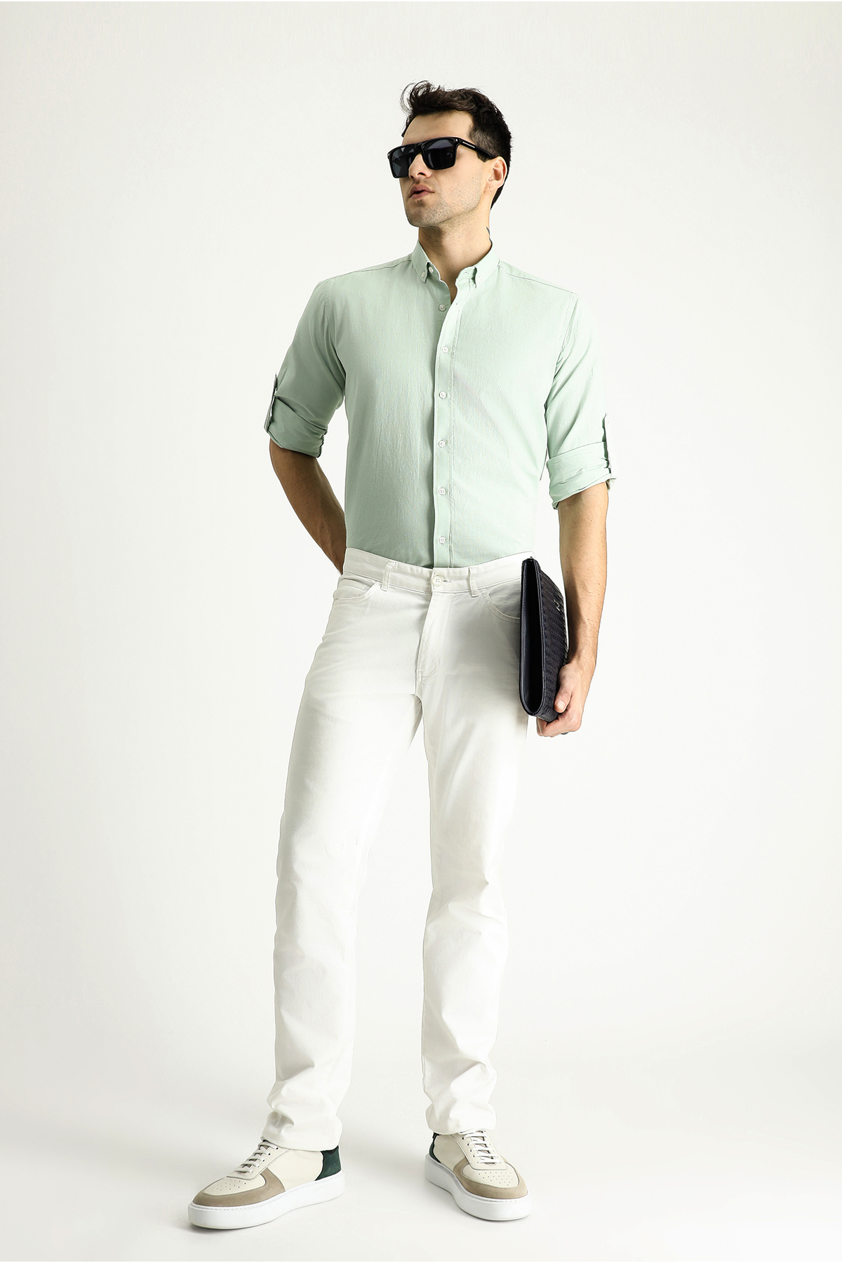 Kiğılı  Uzun Kol Rahat Kesim Düğmeli Yaka Pamuk Nefes Alabilen Keten Görünümlü Gömlek - Görsel 2