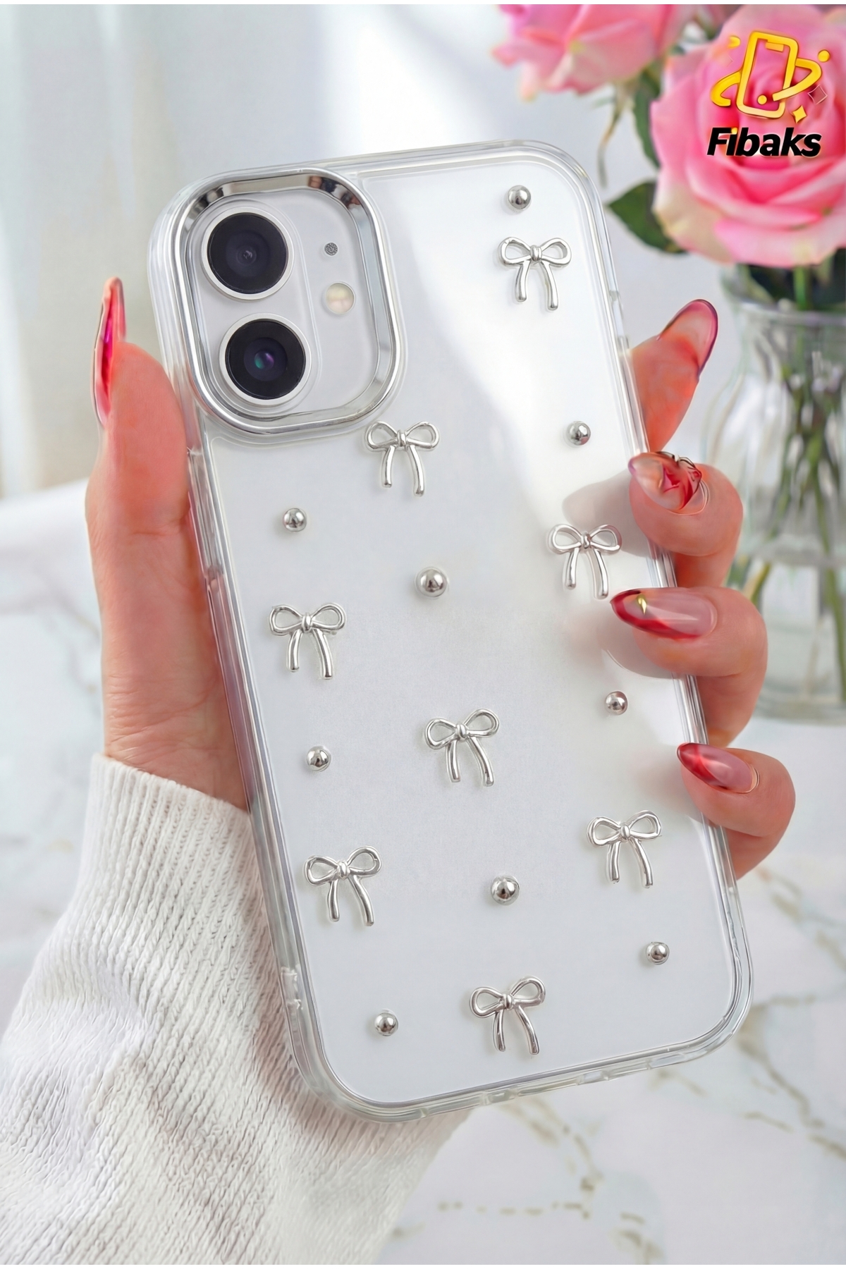 iPhone 16 Case Bow Pattern Transparent Glitter Silver Camera Protruding Shiny Cover