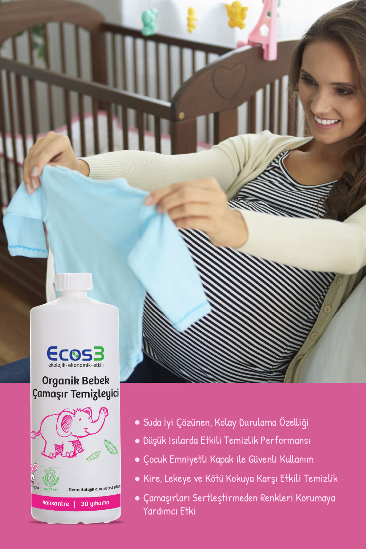 Ecos3 Organik Bebek Çamaşır Deterjanı, Vegan Sertifikalı, Ekolojik, Kokusuz, Konsantre 30 Yıkama, 1050ml fotoğrafı 2 (önizleme)