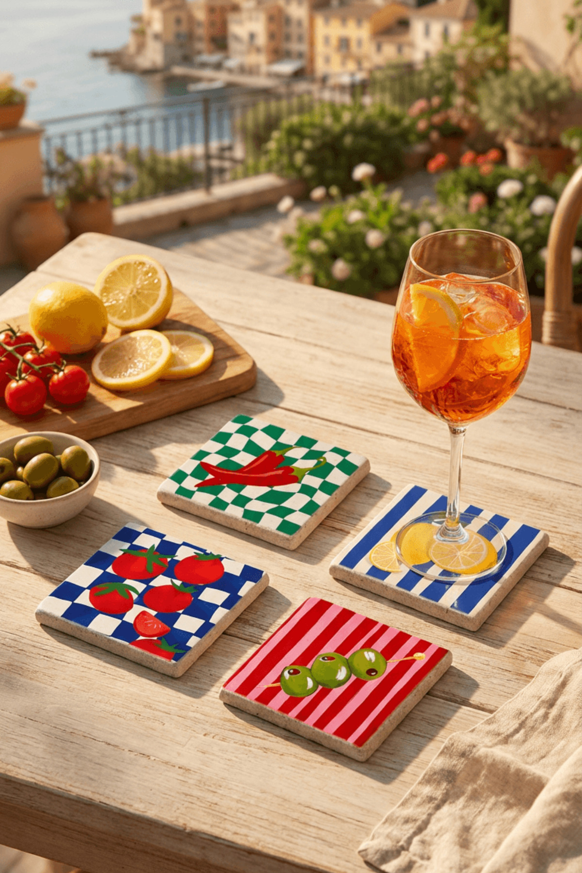 Lemon Pepper Olive and Tomato Themed Natural Stone Travertine Coaster Set of 4
