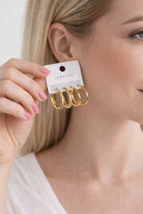 Furtek Aksesuar Kadın Çelik 2 Li Halka Küpe Set Tırtıklı Halka Kalın Bar Halk...