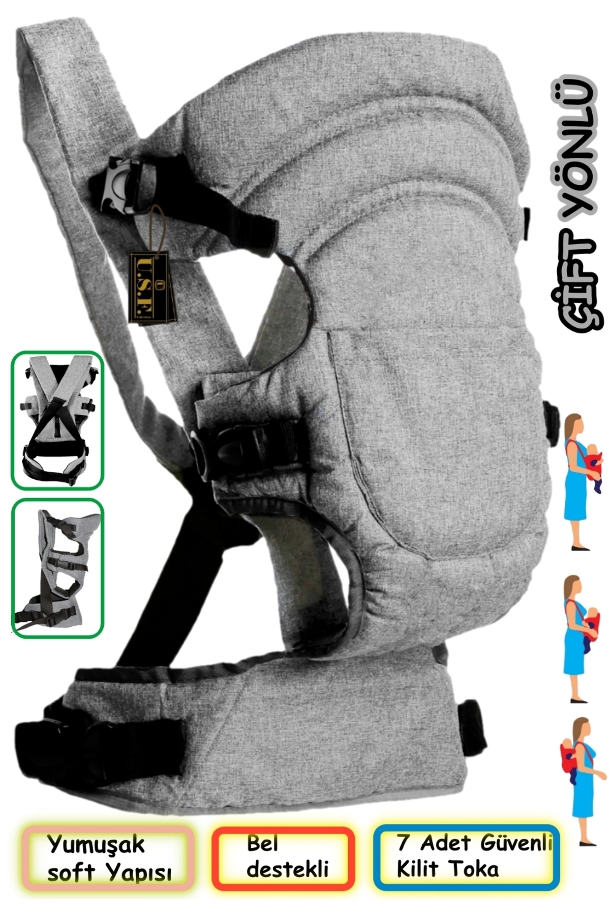 USF Portbebe Ana Kucağı Bebek Taşıma Çift Yönlü Kanguru Bebek Bakım Çantası 3 Lü Set fotoğrafı 2 (önizleme)