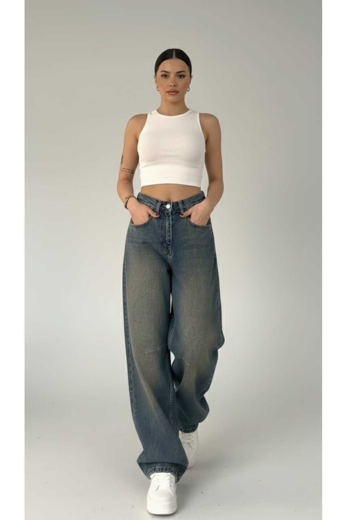 Trn JNS  Avril Mavi Bakır Tint Toka Detaylı Bol Kesim Geniş Paça Rahat Baggy Jean Kot Salaş Kadın Pantolon - Görsel 5