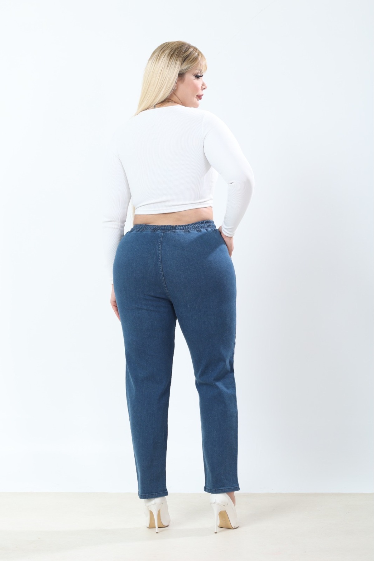Era Lisa  Mavi Beli Lastikli Rahat Kalıp Büyük Beden Kadın Kot Pantolon - Görsel 7