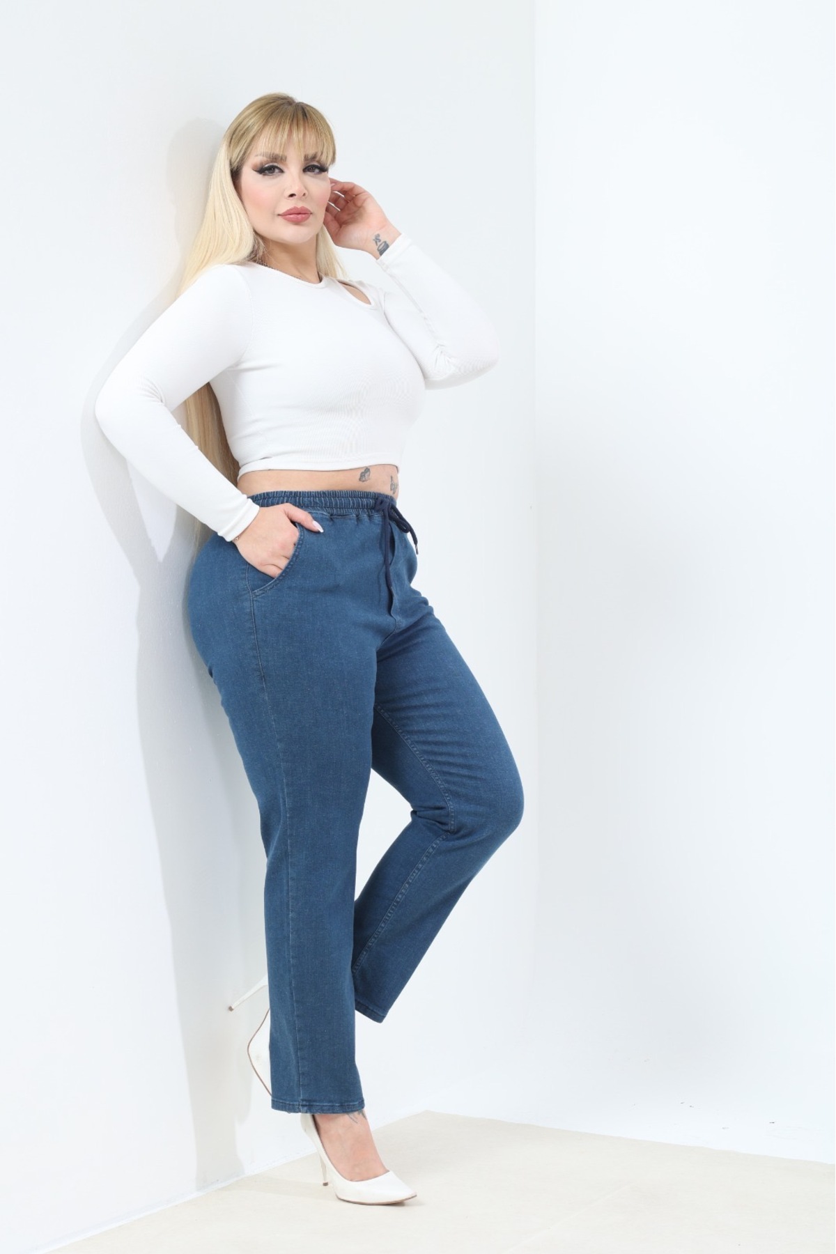 Era Lisa  Mavi Beli Lastikli Rahat Kalıp Büyük Beden Kadın Kot Pantolon - Görsel 6