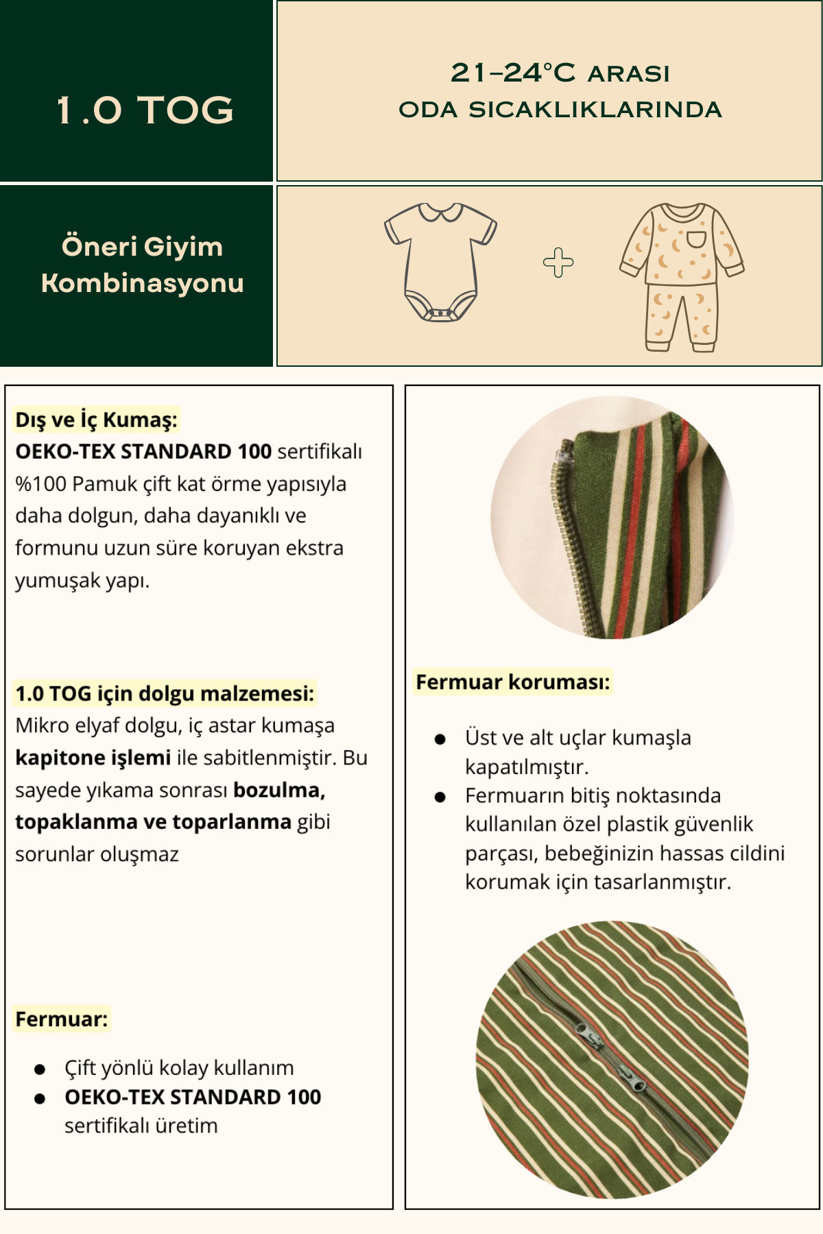 Pine Baby Home %100 Pamuk 1.0 TOG Unisex Bebek Çocuk Uyku Tulumu OEKO-TEX Sertifikalı - Retro Mint fotoğrafı 6 (önizleme)