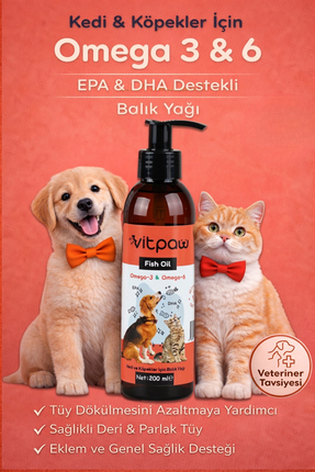 vitpaw Fish Oil 200ml – Kedi ve Köpekler İçin Balık Yağı Omega 3-6 (EPA - DHA...