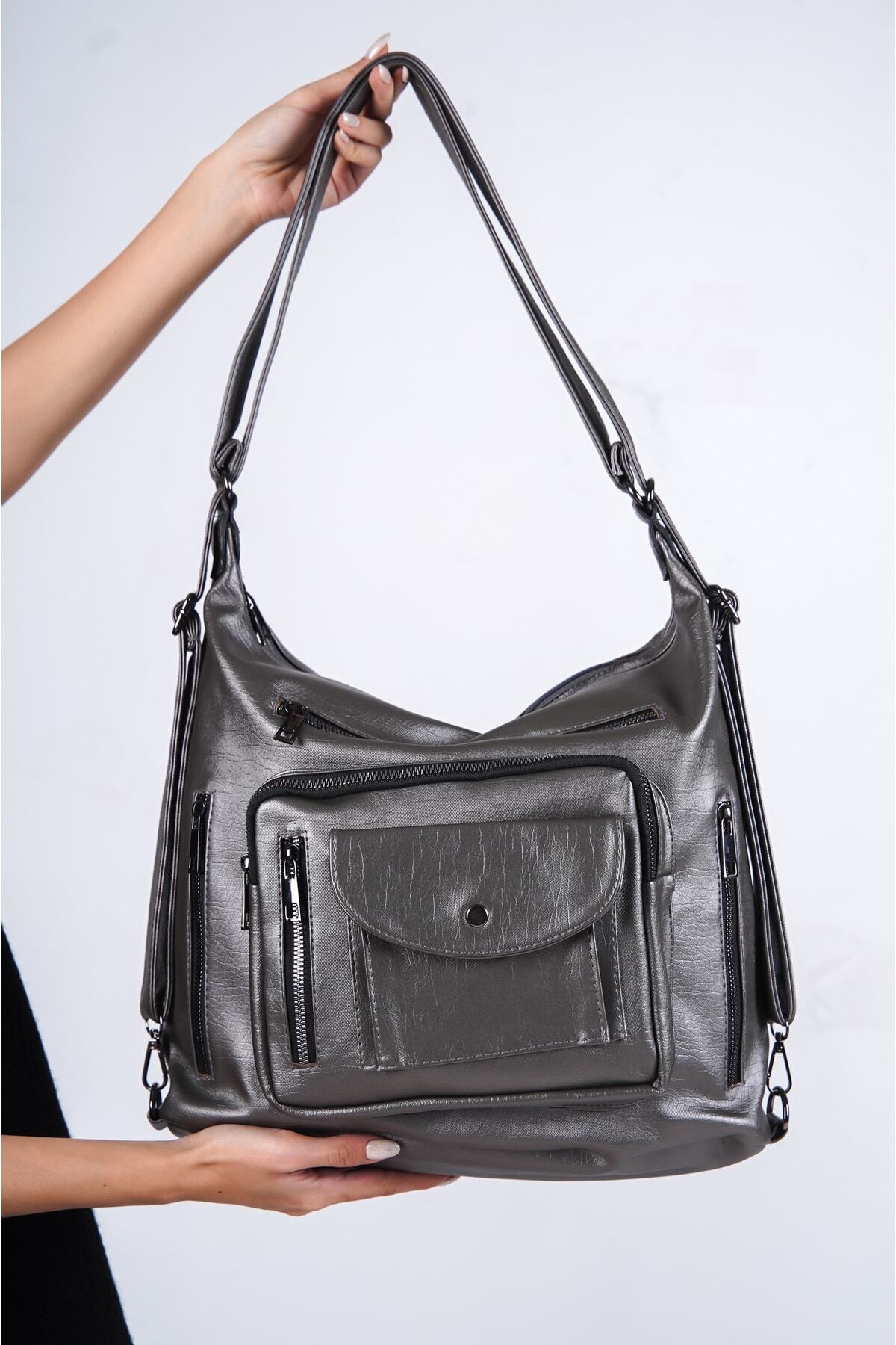 Women's Soft Leather Silver Both Sleeve and Backpack