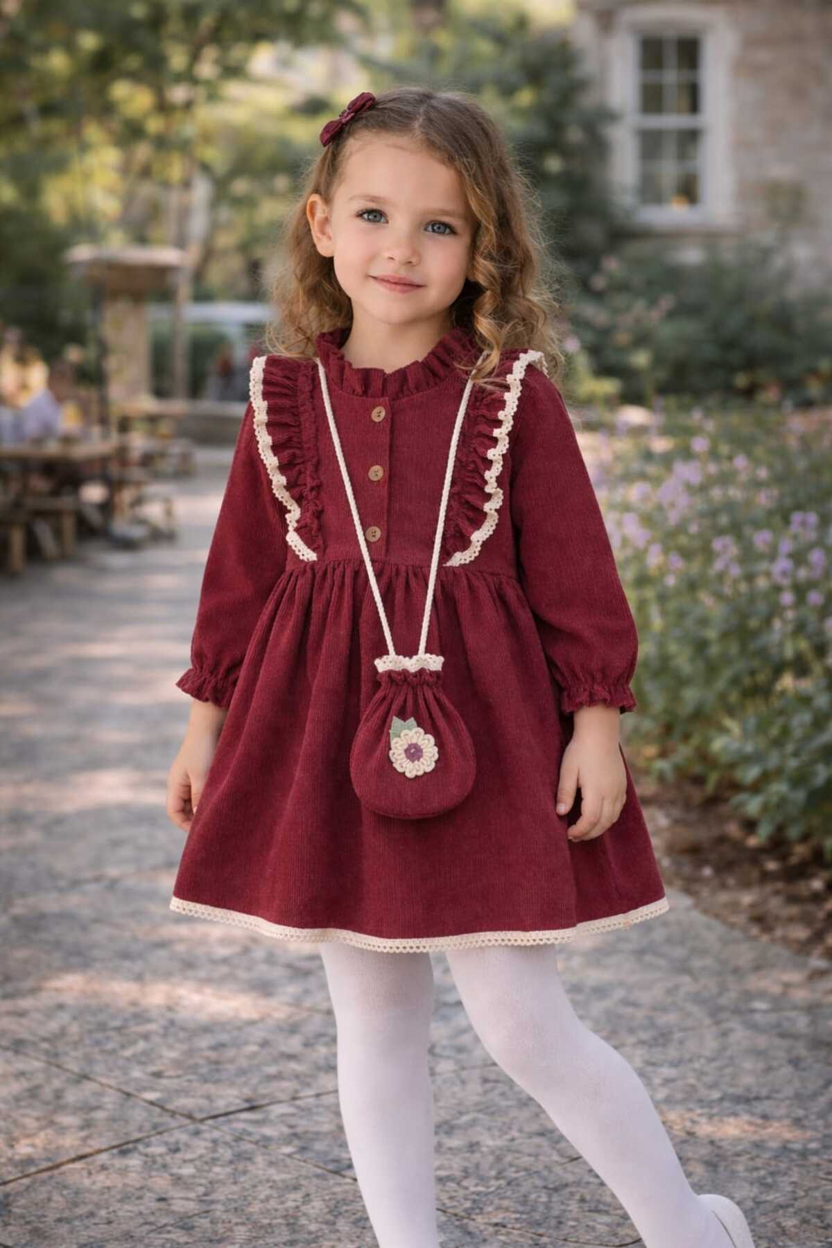 Girls Bag and Lace Long Sleeve Seasonal Damson Dungaree Holiday Dress (2-3-4-5 YEARS OLD)