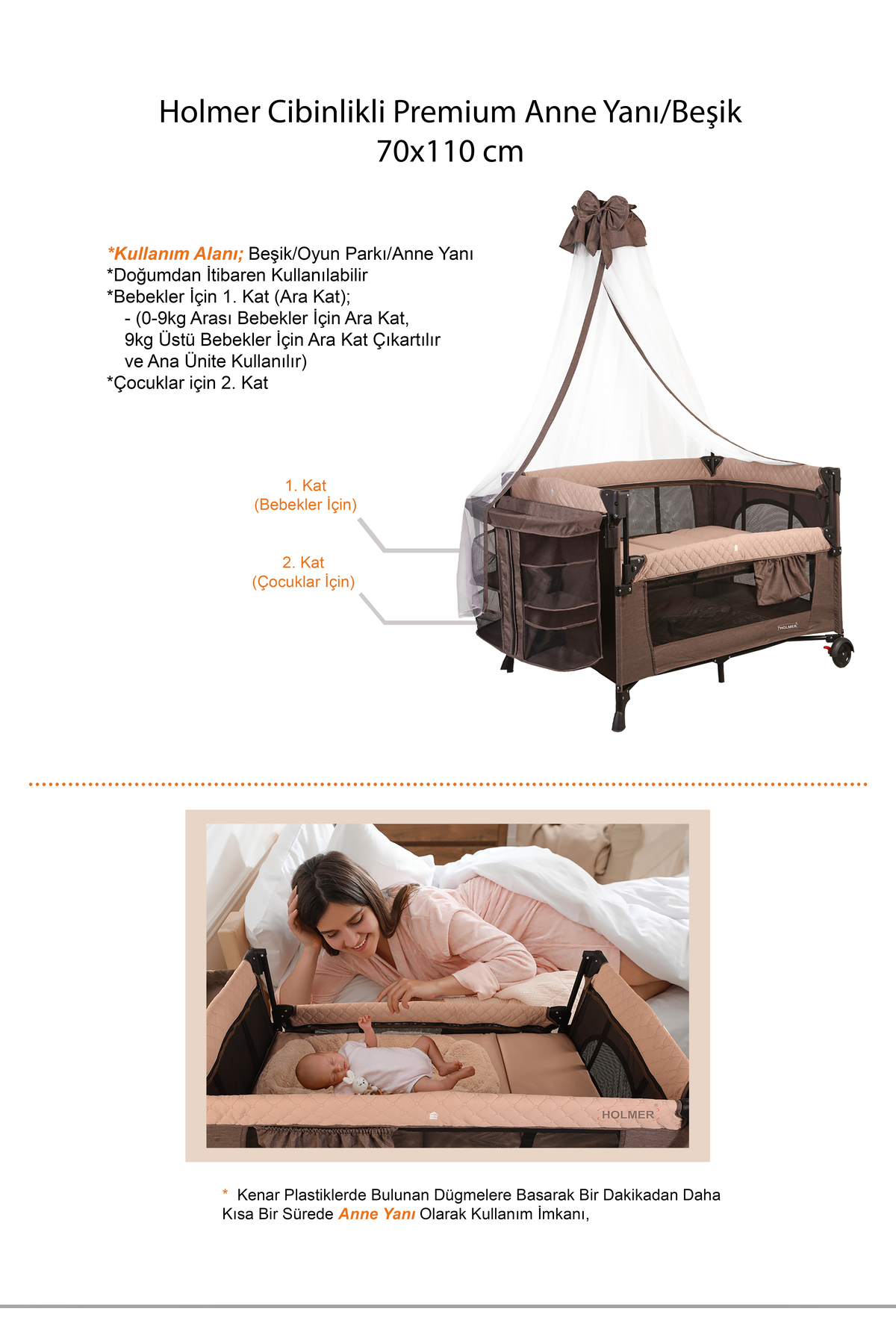 Holmer ALOEVERA YATAK'lı Cibinlikli Anne Yanı Park Yatak 70x110cm Bej fotoğrafı 3 (önizleme)