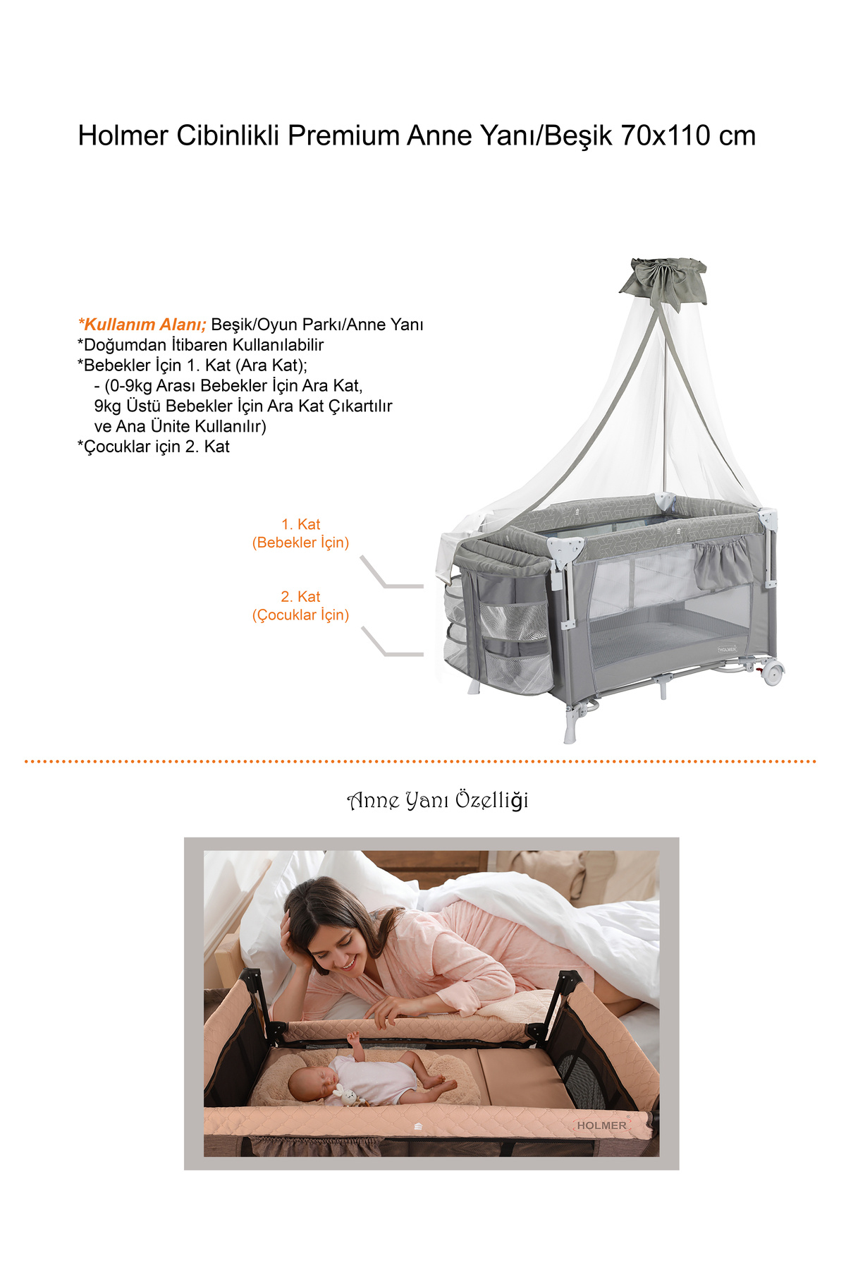 Holmer ALOEVERA YATAK'lı Cibinlikli Beşik/Anne Yanı/Park Yatak 70x110cm AÇIK GRİ fotoğrafı 3 (önizleme)