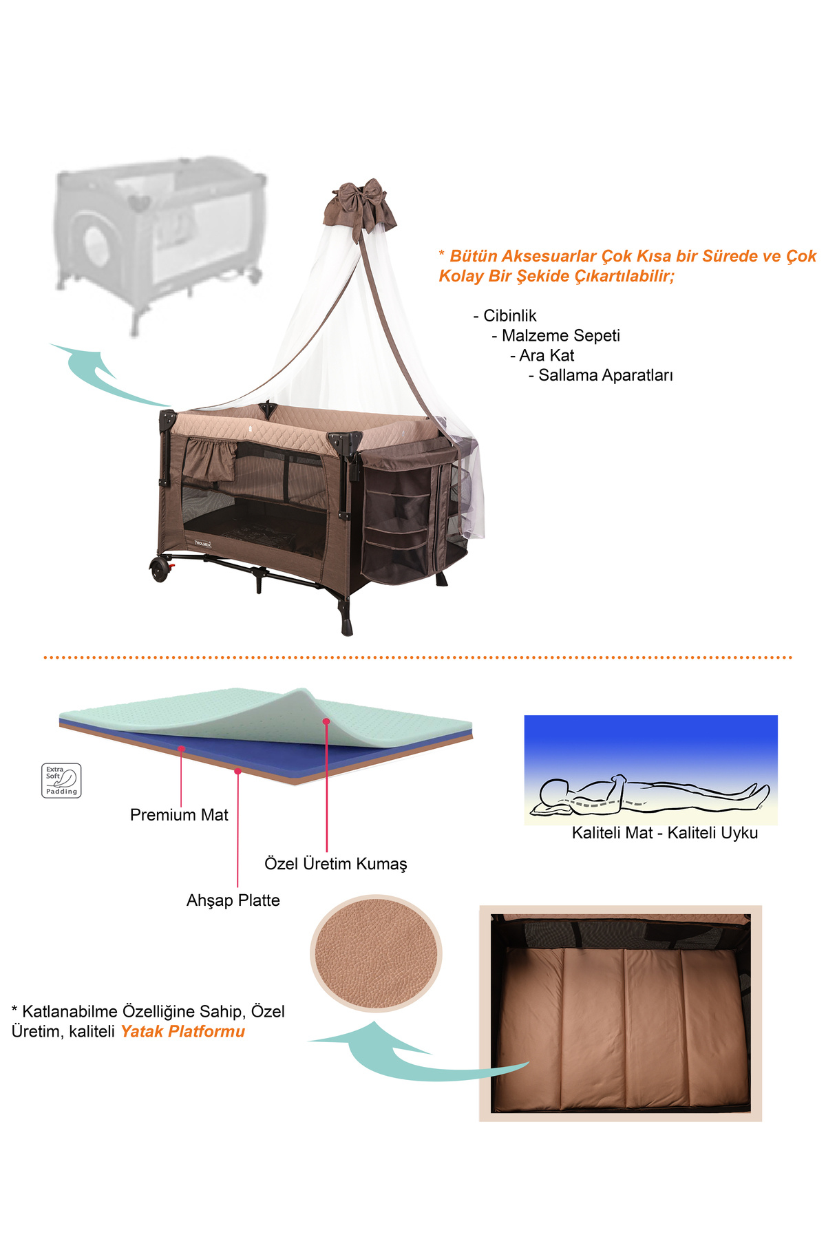 Holmer ALOEVERA YATAK'lı Cibinlikli Anne Yanı Park Yatak 70x110cm Bej fotoğrafı 7 (önizleme)