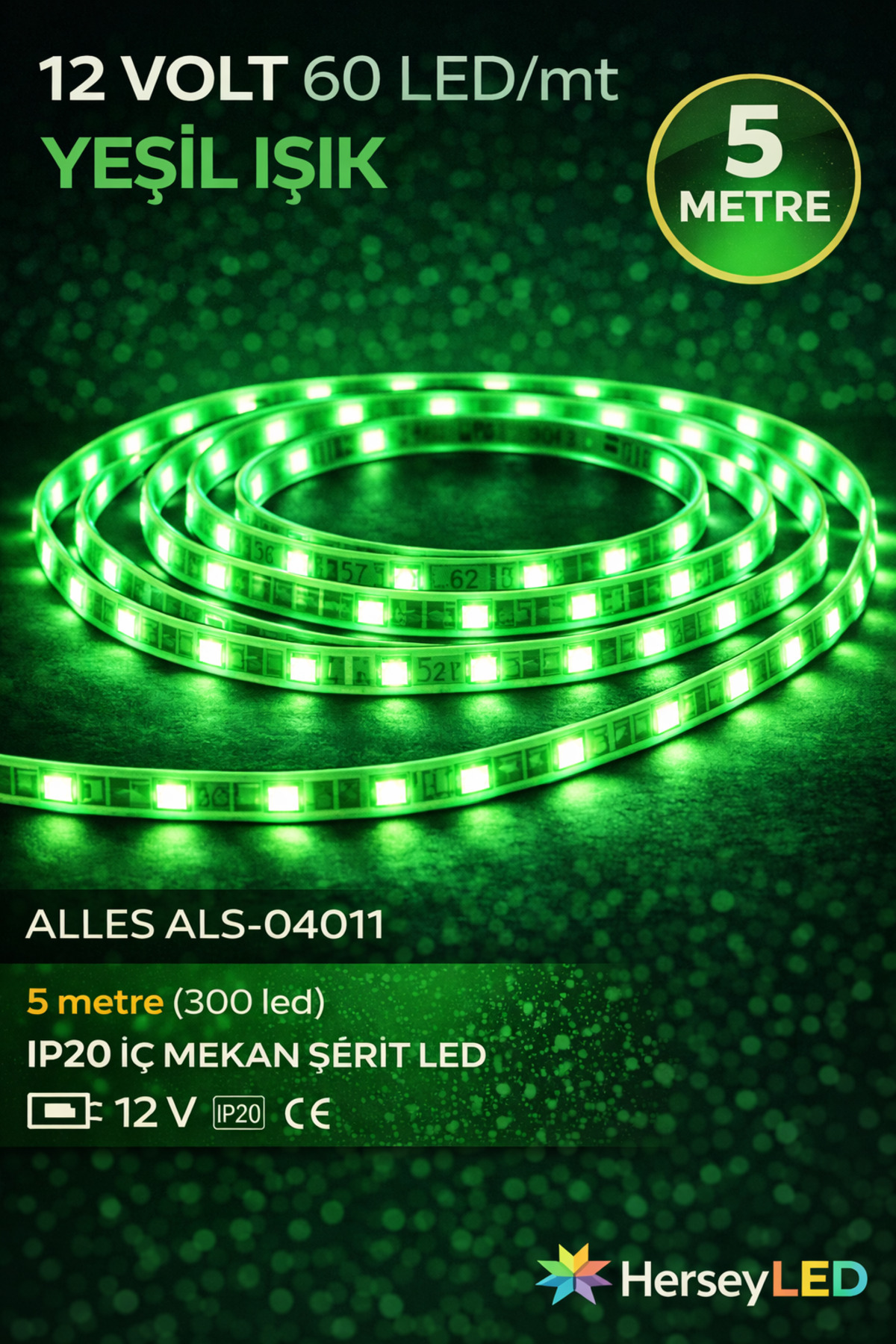 ALLES 5MT İÇ MEKAN YEŞİL ŞERİT LED 12V 5630/60 LEDLİ 5 METRE