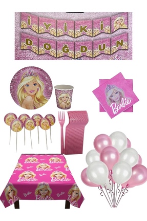 CAVAŞ sun hat 16 Kişilik Barbie Parti Seti, Barbie Doğum Günü Konsept Set Süs...
