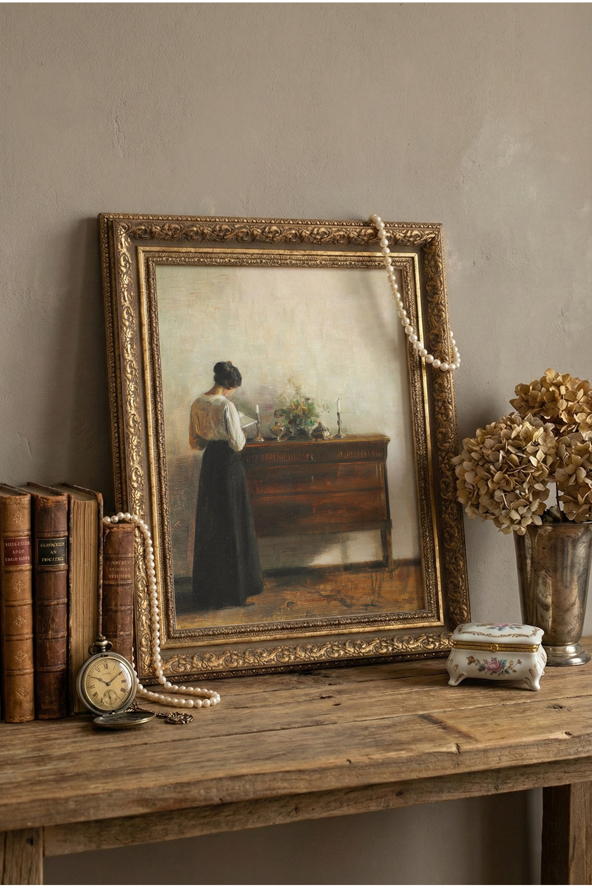 Woman Reading a Book - Vintage Patterned Frame