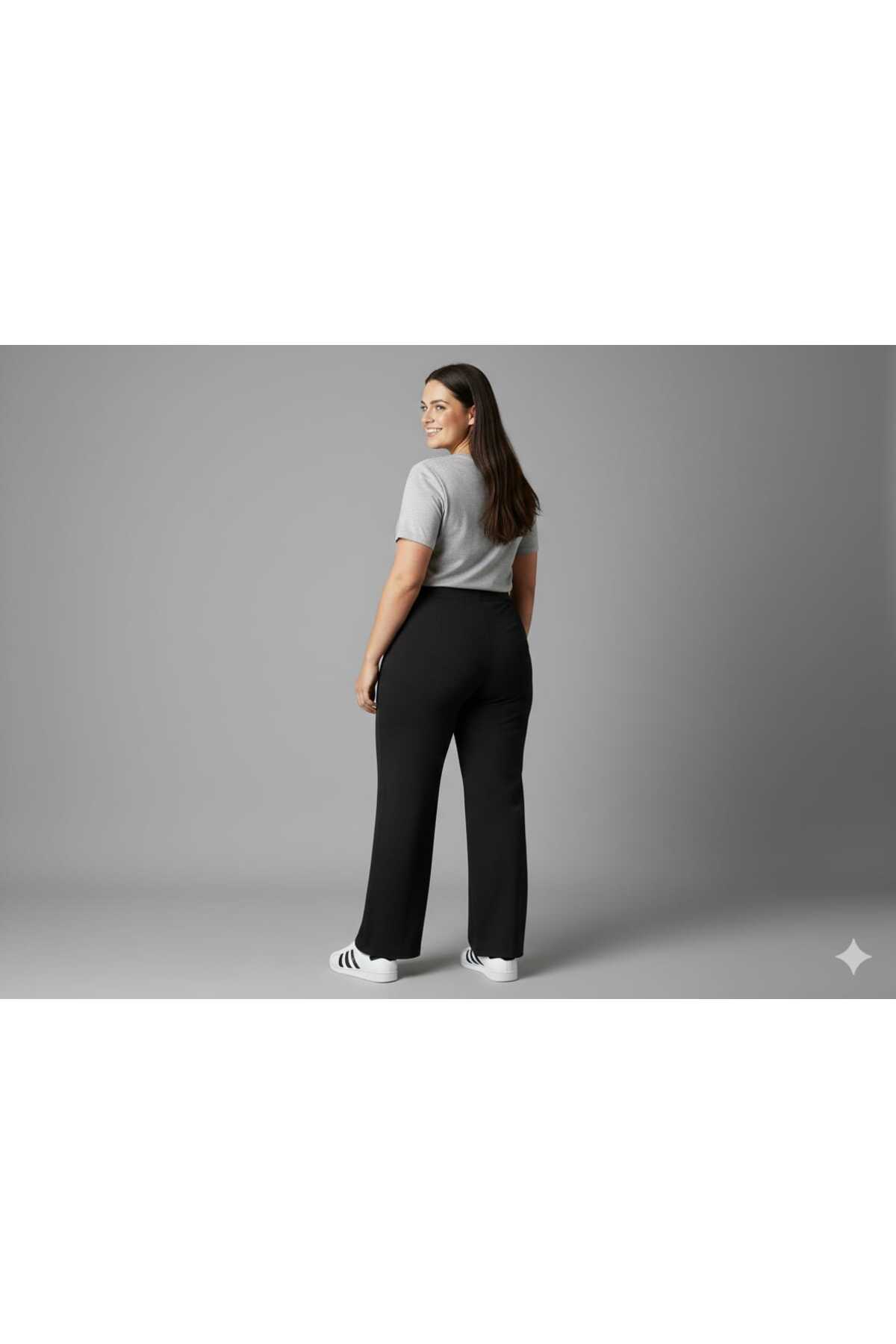 BETES  Kadın Büyük Battal Beden Krep Kumaş Beli Lastikli Likralı Palazzo Siyah Pantolon - Görsel 3
