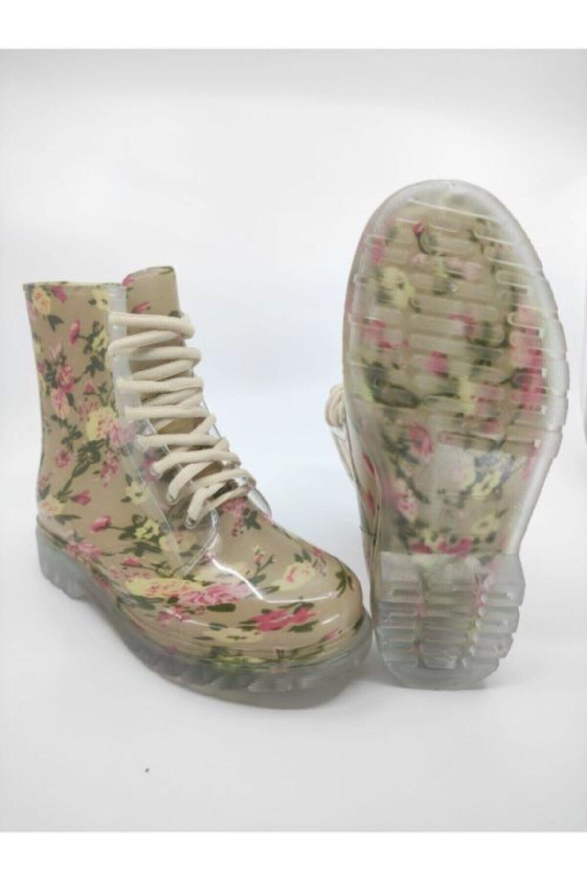 Frida Shoes Frida Kadın Şeffaf Su Geçirmez Bot 13401-bej Çiçek Desenli görsel 5