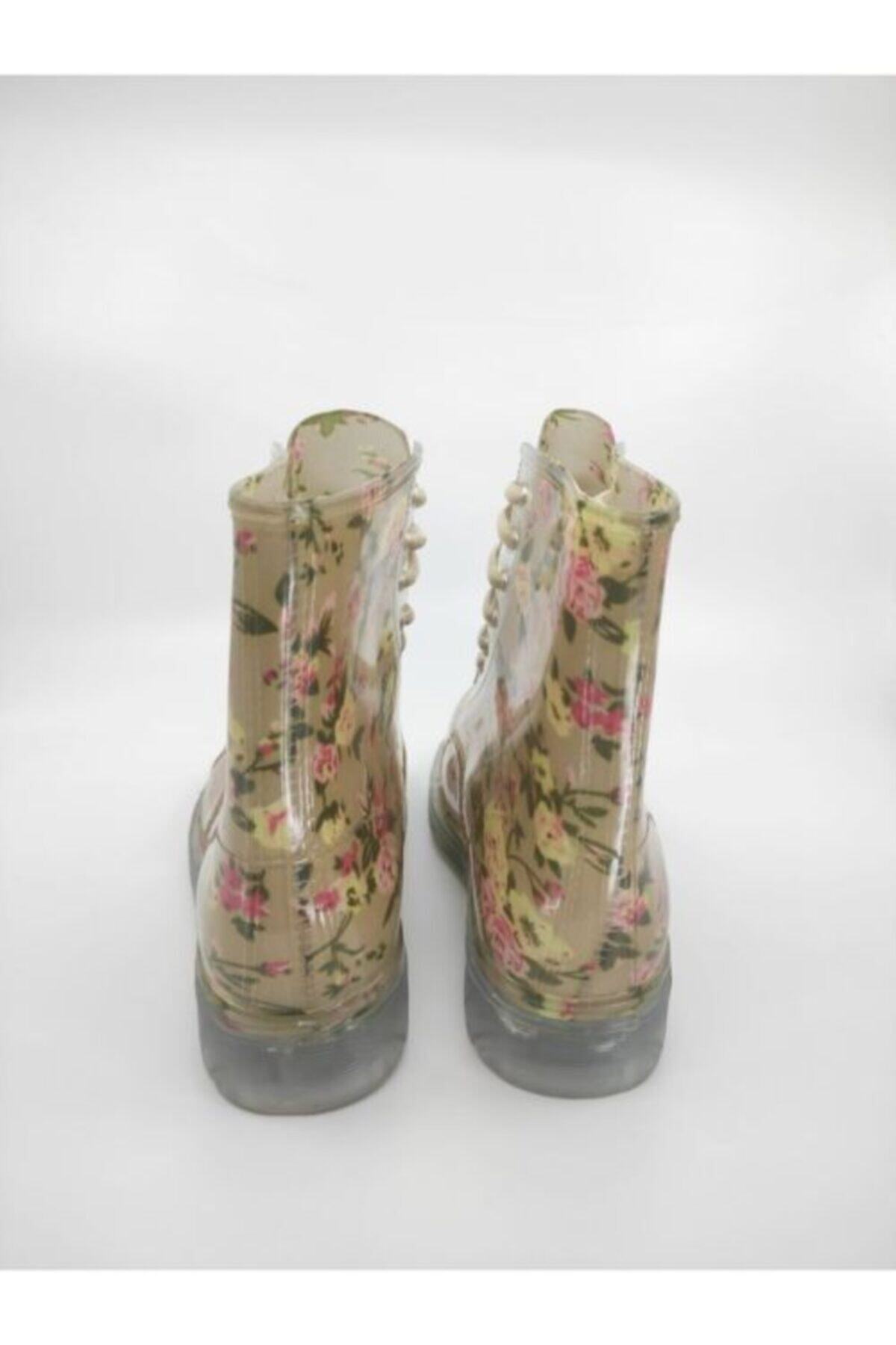 Frida Shoes Frida Kadın Şeffaf Su Geçirmez Bot 13401-bej Çiçek Desenli görsel 6