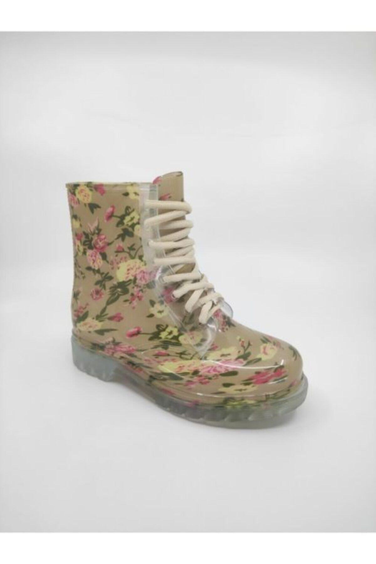 Frida Shoes Frida Kadın Şeffaf Su Geçirmez Bot 13401-bej Çiçek Desenli görsel 2