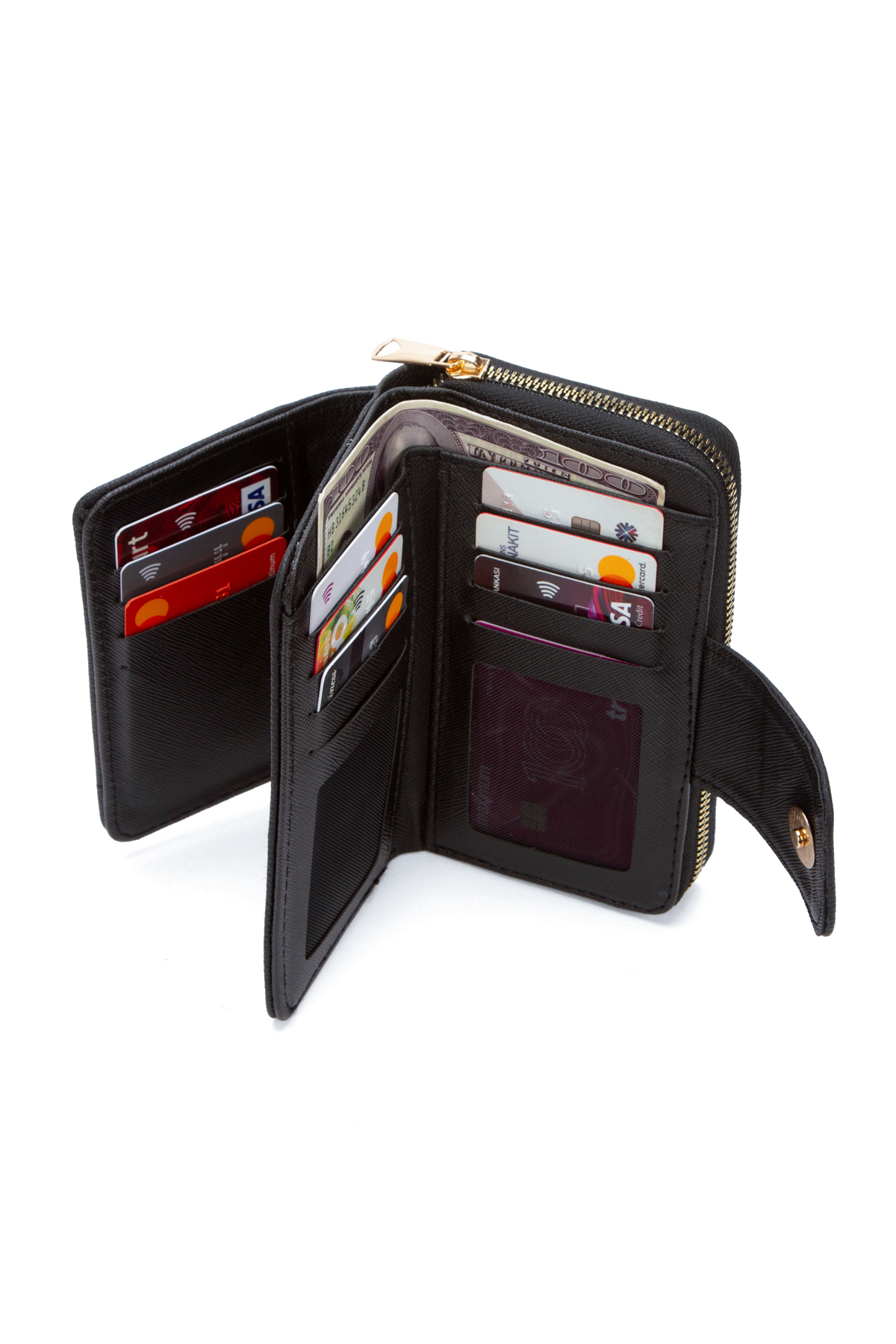 Newish Polo  Kadın Siyah Fermuarlı Cüzdan Deri Görünümlü Kartlık Bölmeli Büyük Boy Şık El Cüzdanı - Görsel 3