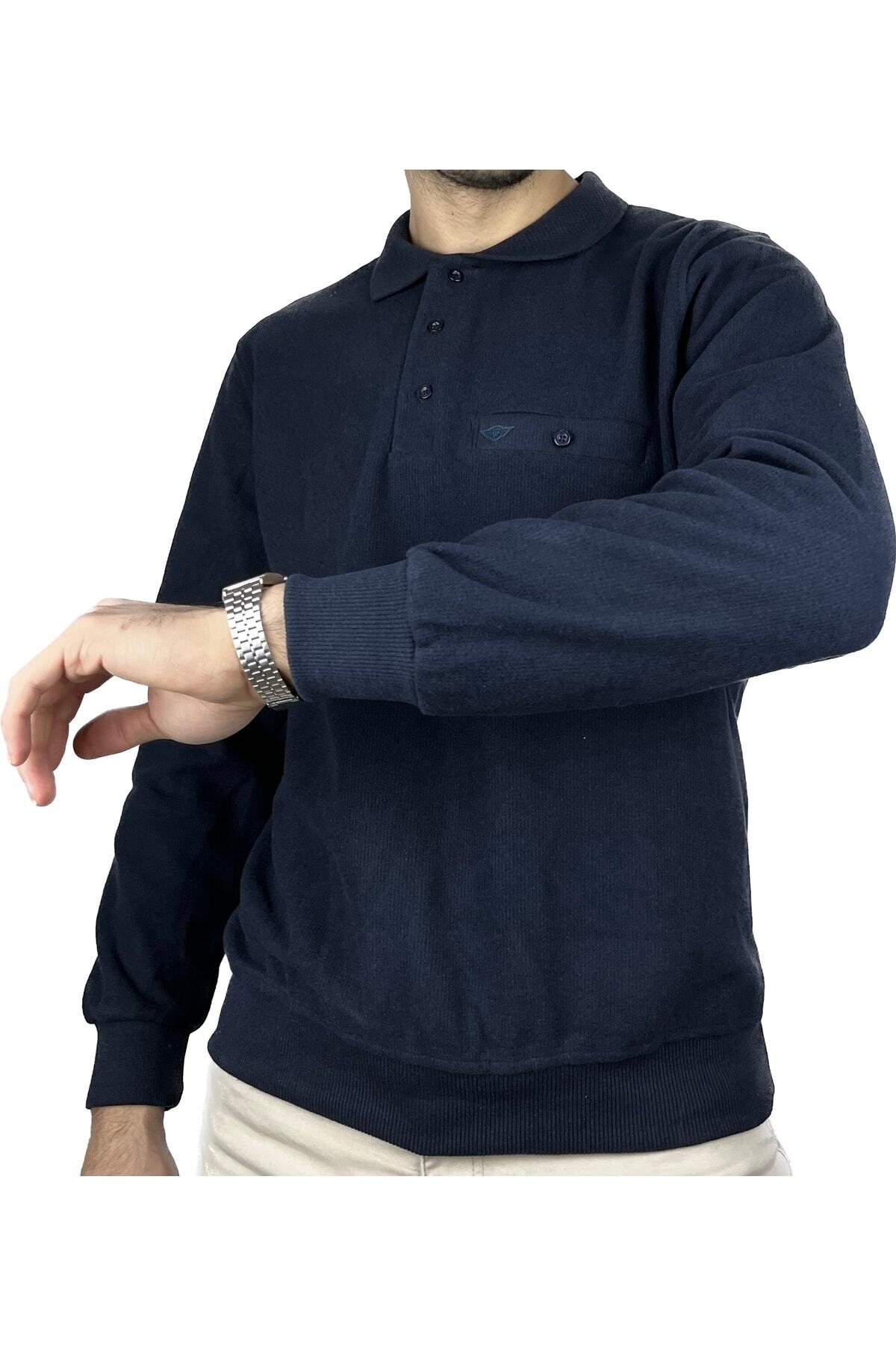 Erkek Lacivert Polo Yaka Cepli Normal Kalıp Kazak — سرمه‌ای KZK0194