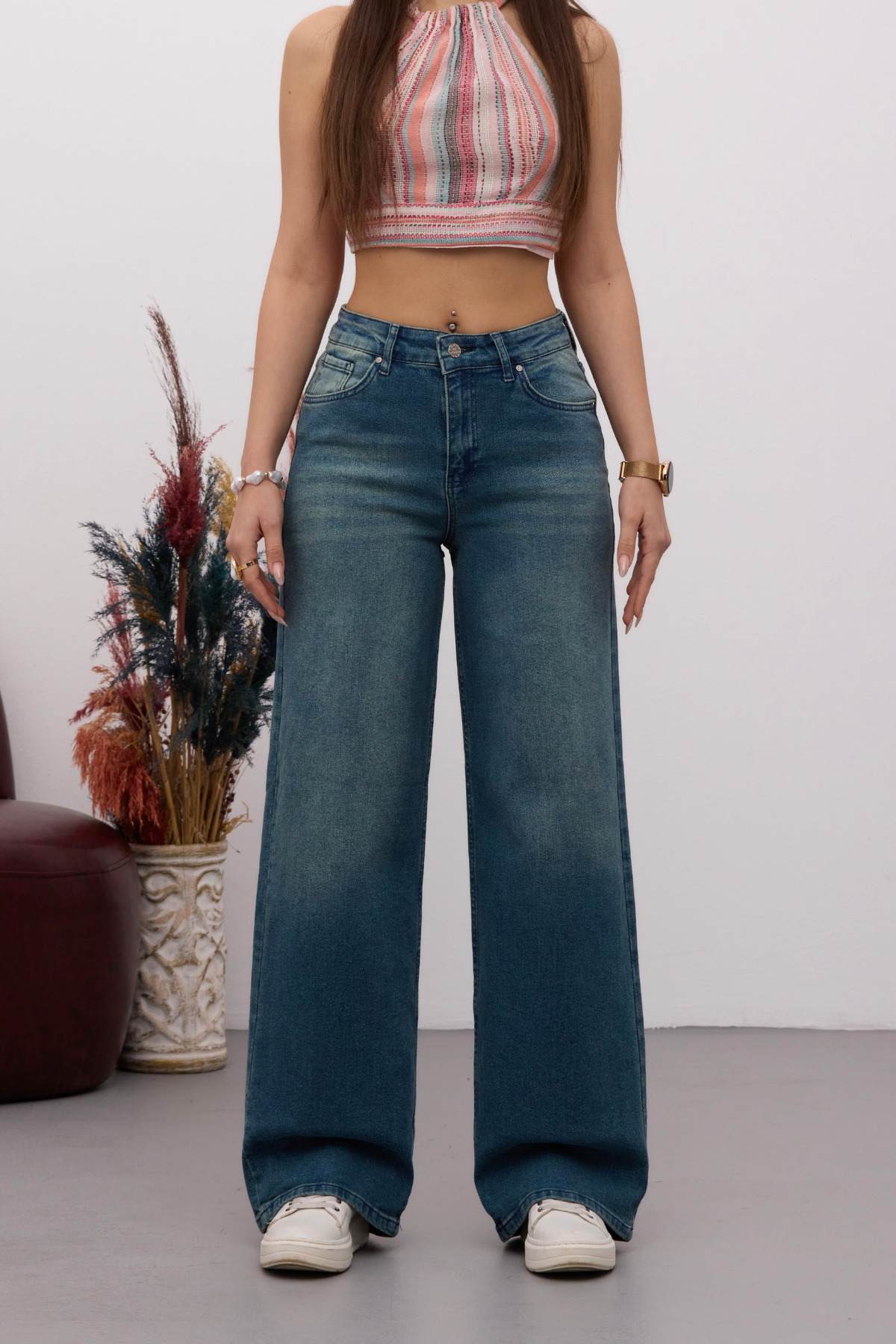 BİKELİFE  Kadın Yüksek Bel Esnek Soluk Efektli Vintage Geniş Paça Wide Leg Rahat Jean