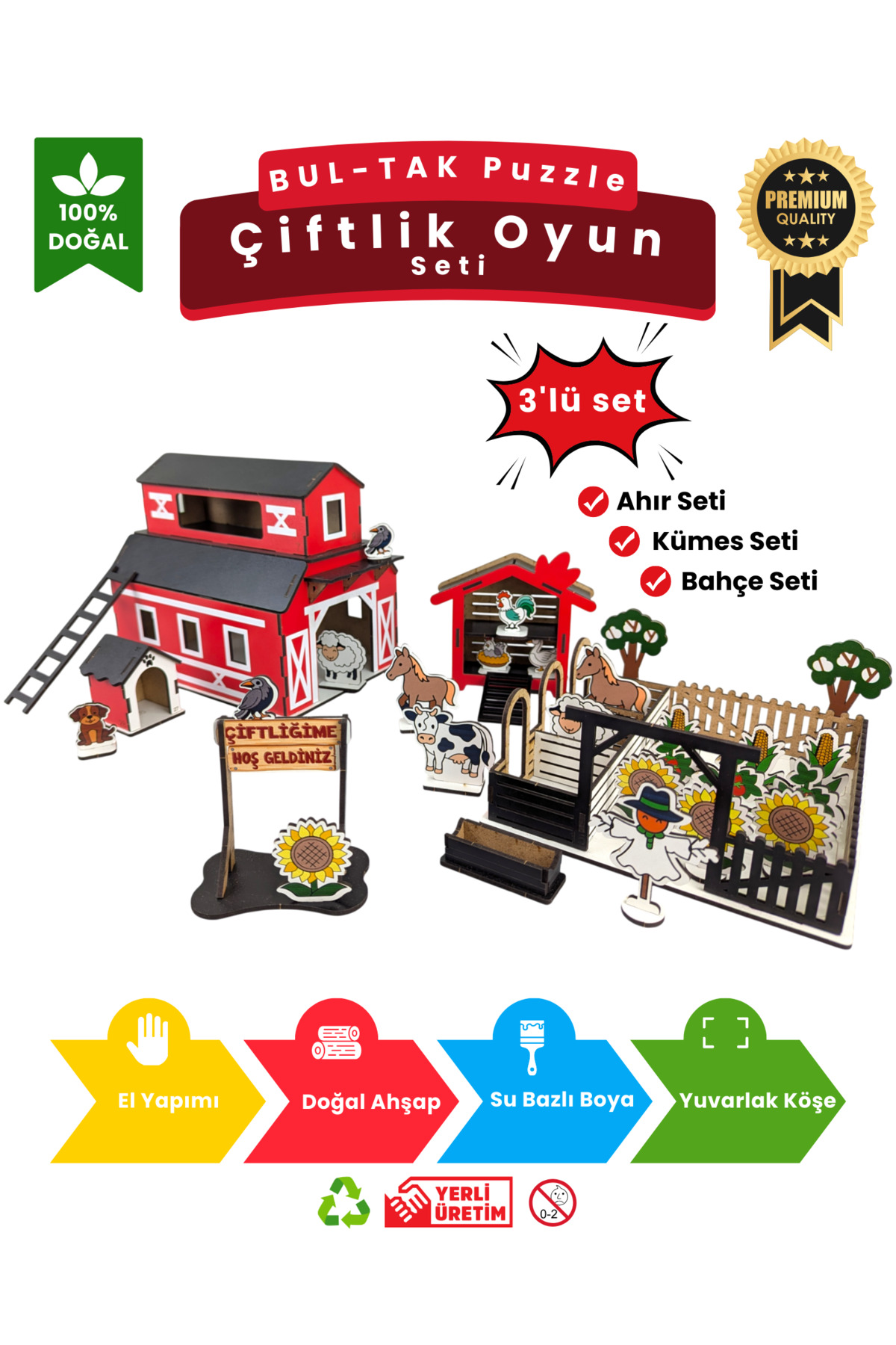 Lapin Deney Atölyesi Çiftlik Oyun Seti – Doğal Ahşap Puzzle DIY