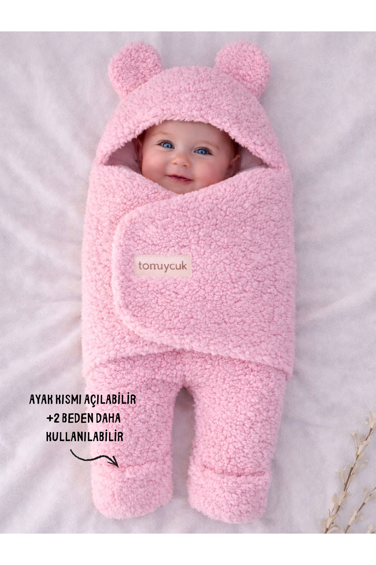 Tomuycuk 0-12 Ay İçi Elyaflı Peluş Welsoft Kulaklı Pembe Dış Bebek Kundak & Battaniyesi Kışlık Uyku Tulumu fotoğrafı 4 (önizleme)