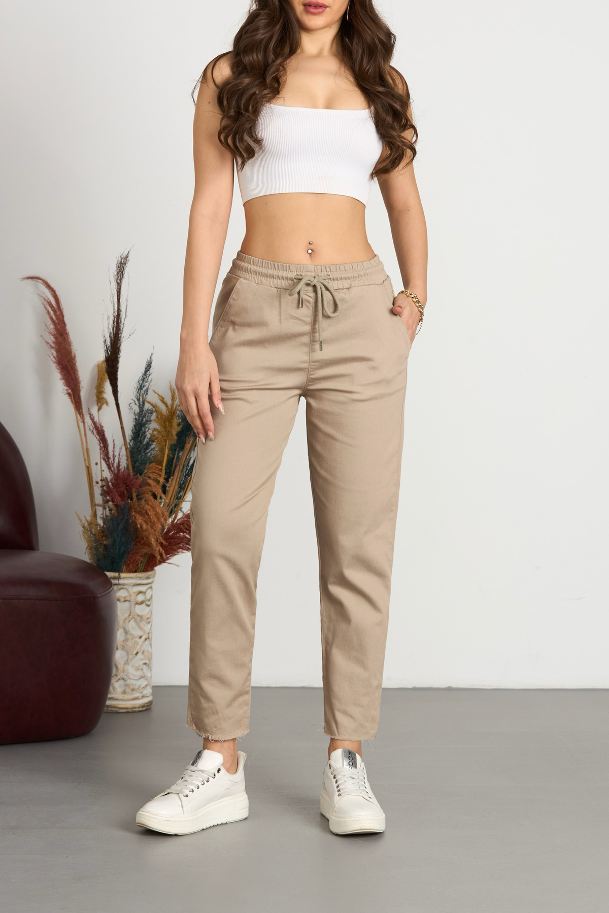 BİKELİFE  Kadın Pamuklu Ve Likralı Yüksek Bel Dar Kesim Cepli Pantolon - Görsel 4