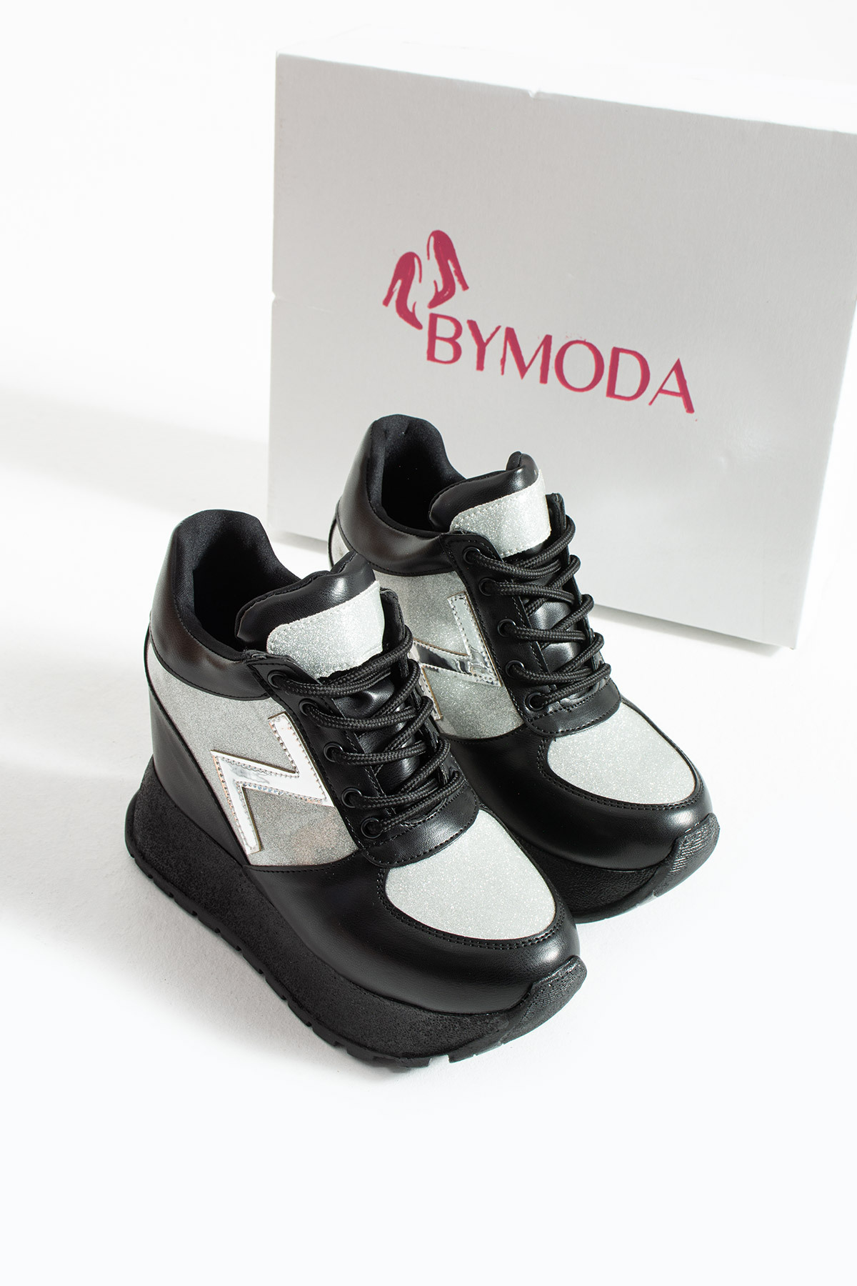 Bymoda Yeni Sezon Siyah Gizli Dolgu Topuklu Spor Ayakkabı Topuk Yüksekliği Toplam 10 CM görsel 5