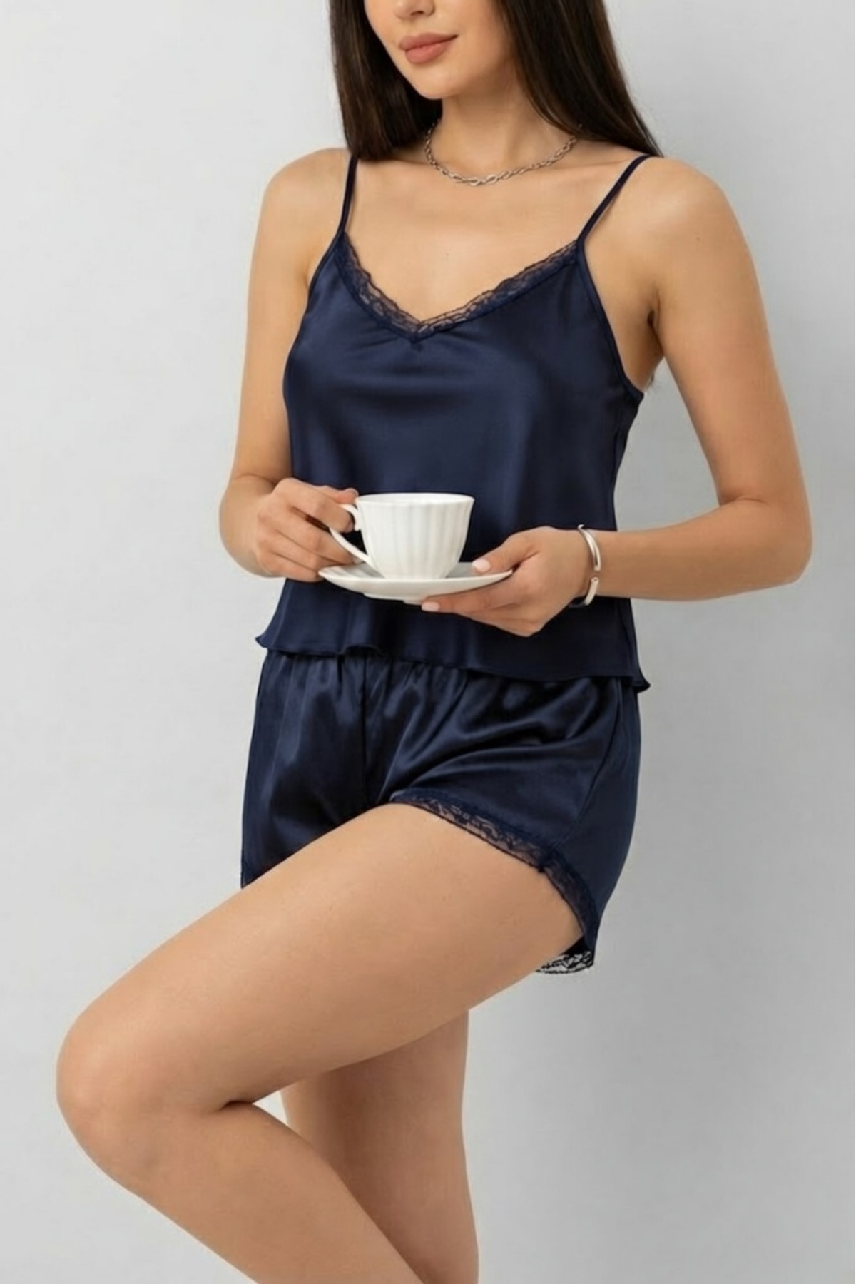 ZENCHES Saten Dantel Şortlu Gecelik - Rahat, Çeyizlik, Ince Askılı