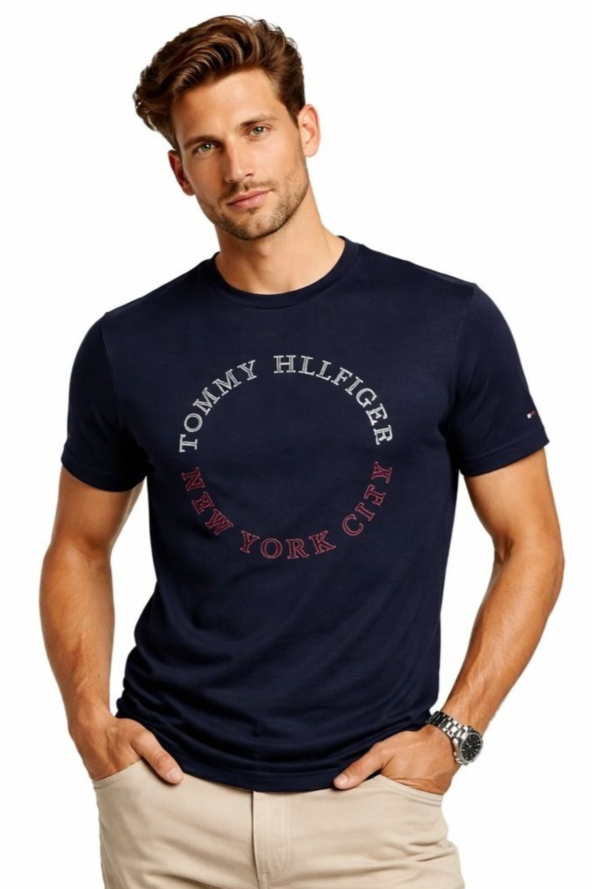 تامی هیلفیگر تی‌شرت مردانه طرح‌دار ۱۰۰٪ پنبه‌ای، بافتی باریک و مناسب