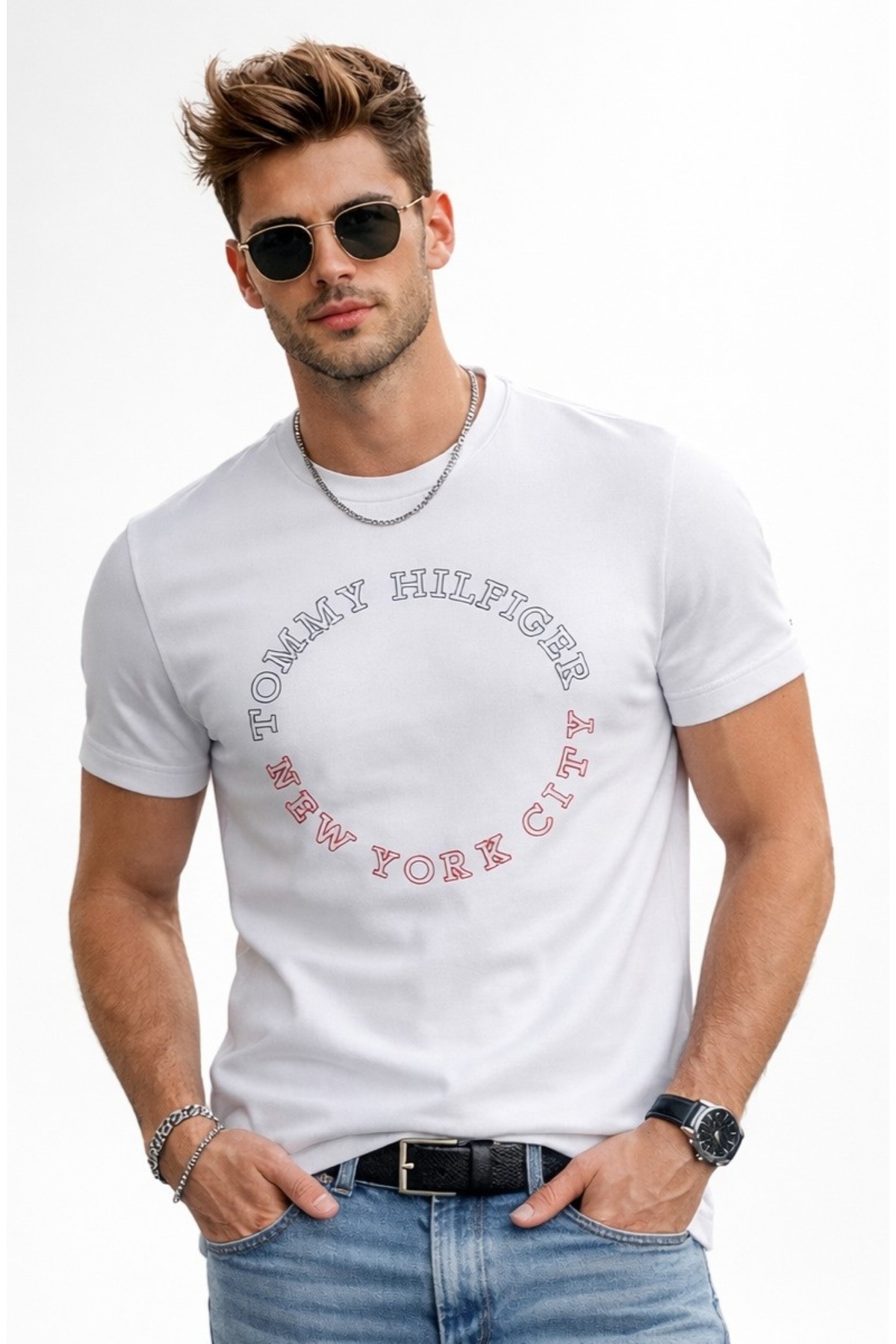 تامی هیلفیگر تی شرت نخی طرح اسلیم فیت طرح مونوتایپ