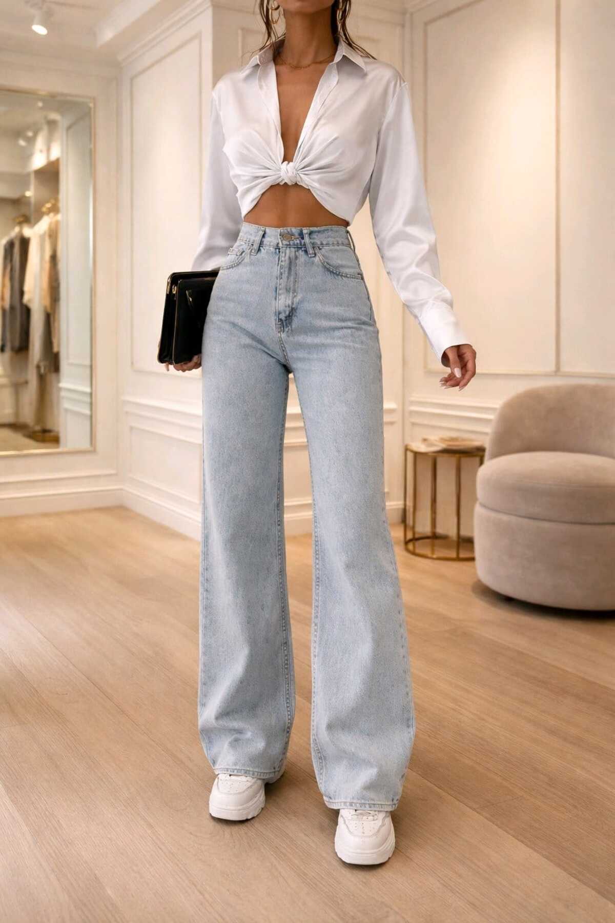 NWC  Buz Kar Yıkama Likralı Süper Yüksek Bel Salaş Paça Denim Palazzo Pantolon