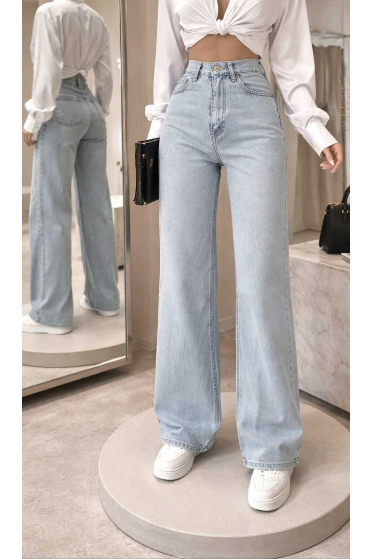 NWC  Buz Kar Yıkama Likralı Süper Yüksek Bel Salaş Paça Denim Palazzo Pantolon - Görsel 6