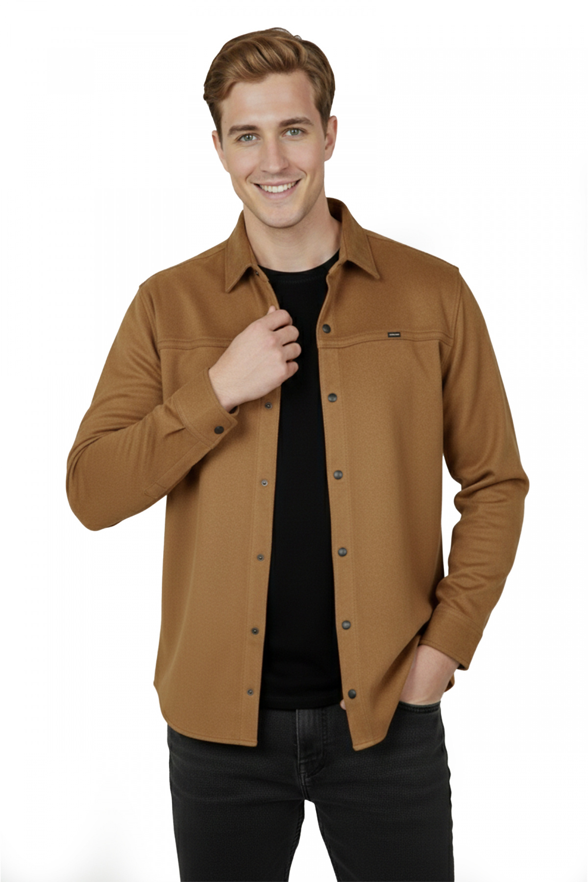 DeepSea  Erkek Taba Likralı Çıtçıtlı Kırışmayan Süet Kumaş Slim Fit Cepsiz Mevsimlik Gömlek 2500556