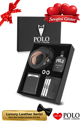 POLOGRAND London Orijinal Erkek Özel Hediye Kutulu 5'li Set Şık Deri Cüzdan K...