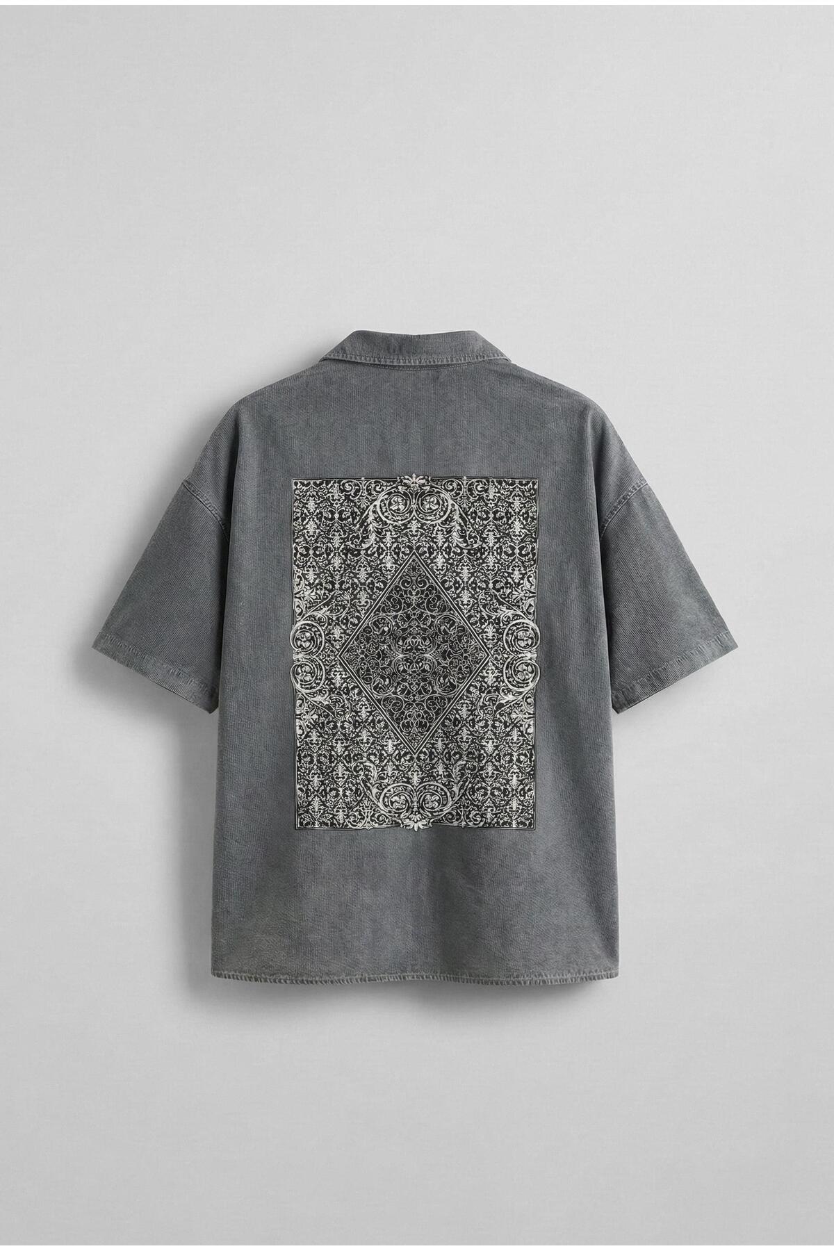 Men's Short Sleeve Pattern Printed Washed Oversize Shirt Gray