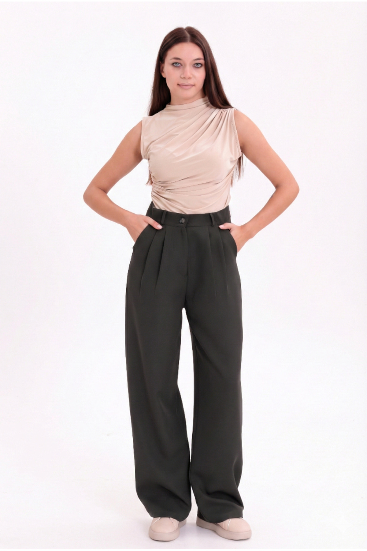 H&A İSTANBUL  Kadın Pileli Antrasit Kumaş yüksek bel Palazzo Pantolon - Görsel 3