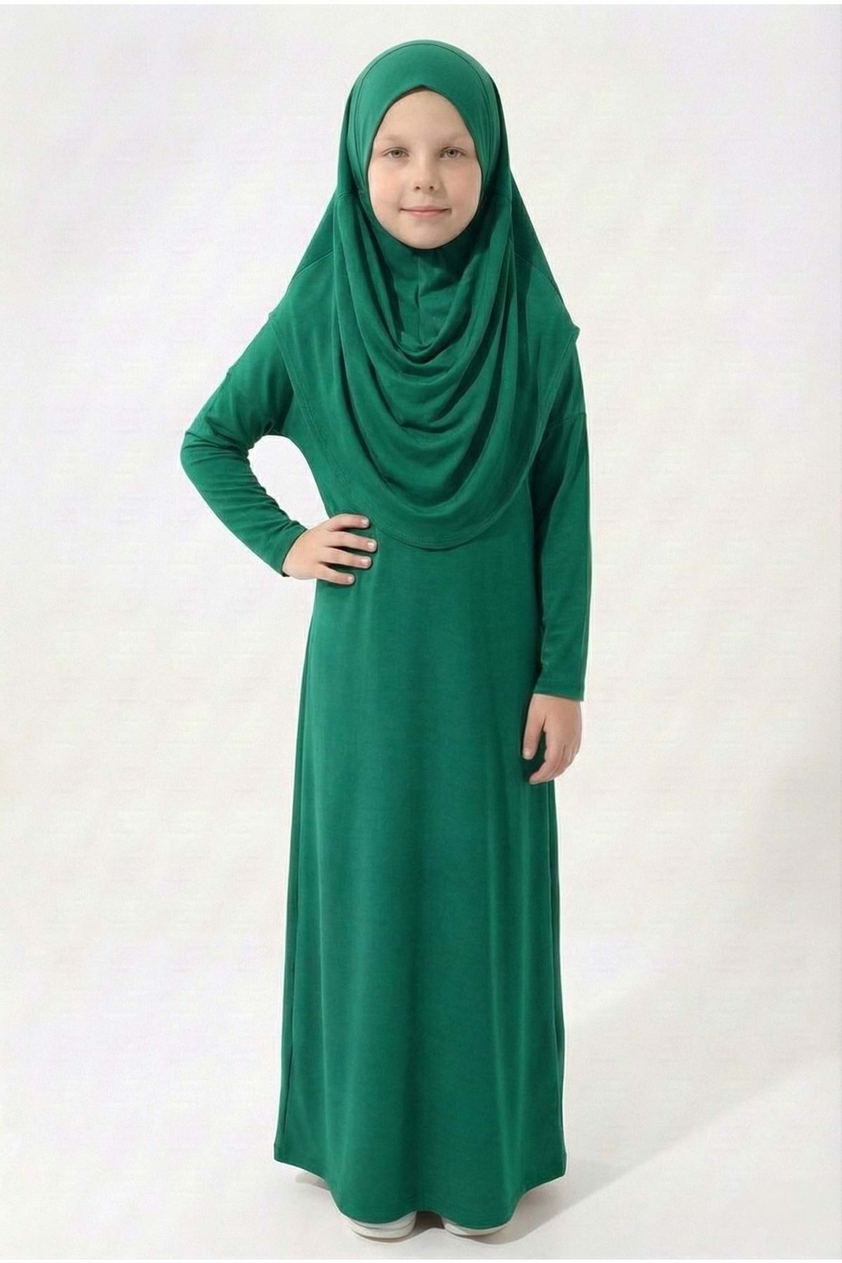Mnk Baby&Kids Pratik Başörtülü Kız Çocuk Namaz Elbisesi M00789 YEŞİL
