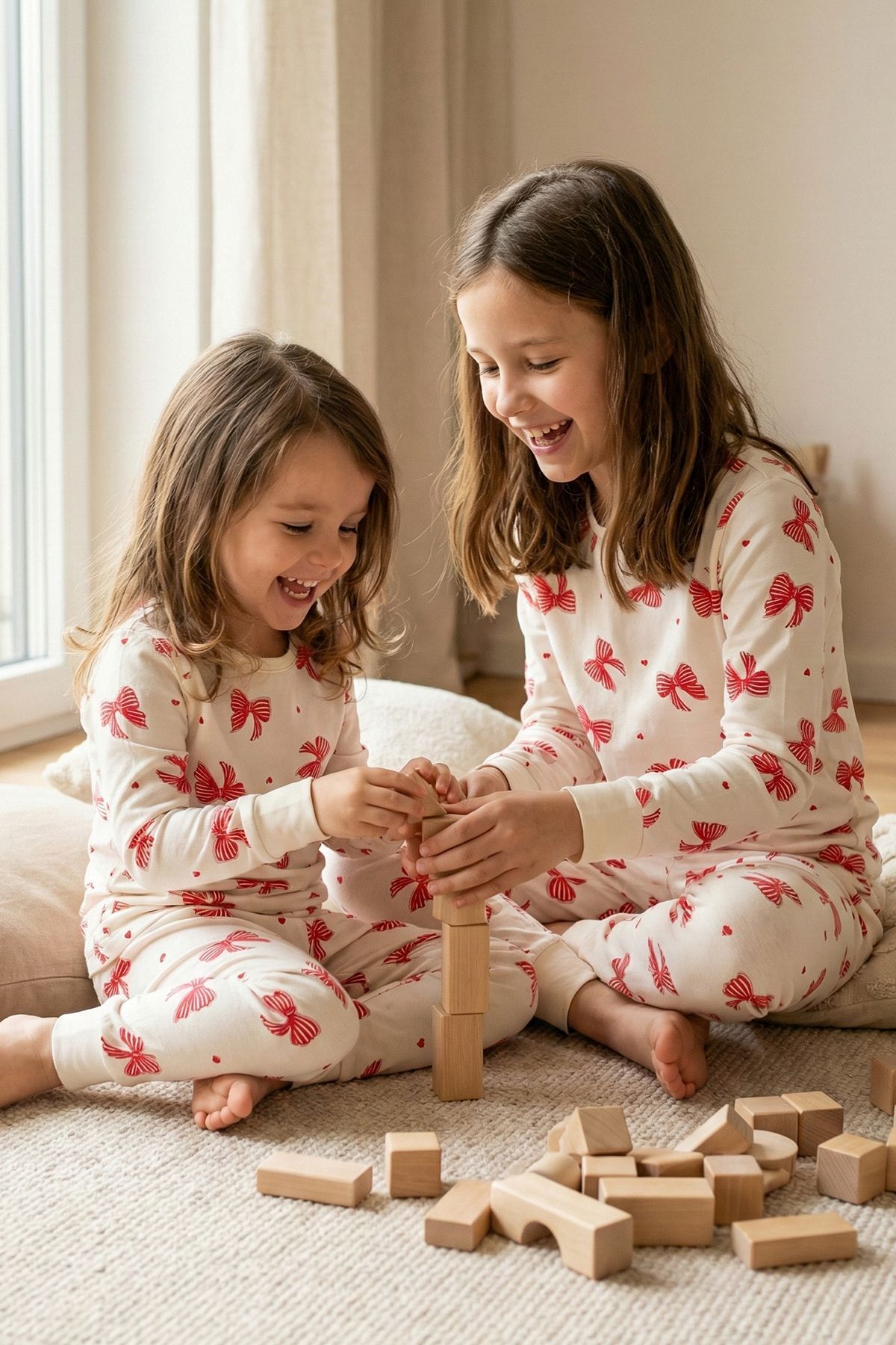 zuzunga Ekru Renk Kırmızı Fiyonk Baskılı Kız Çocuk Pijama Takımı fotoğrafı 3 (önizleme)