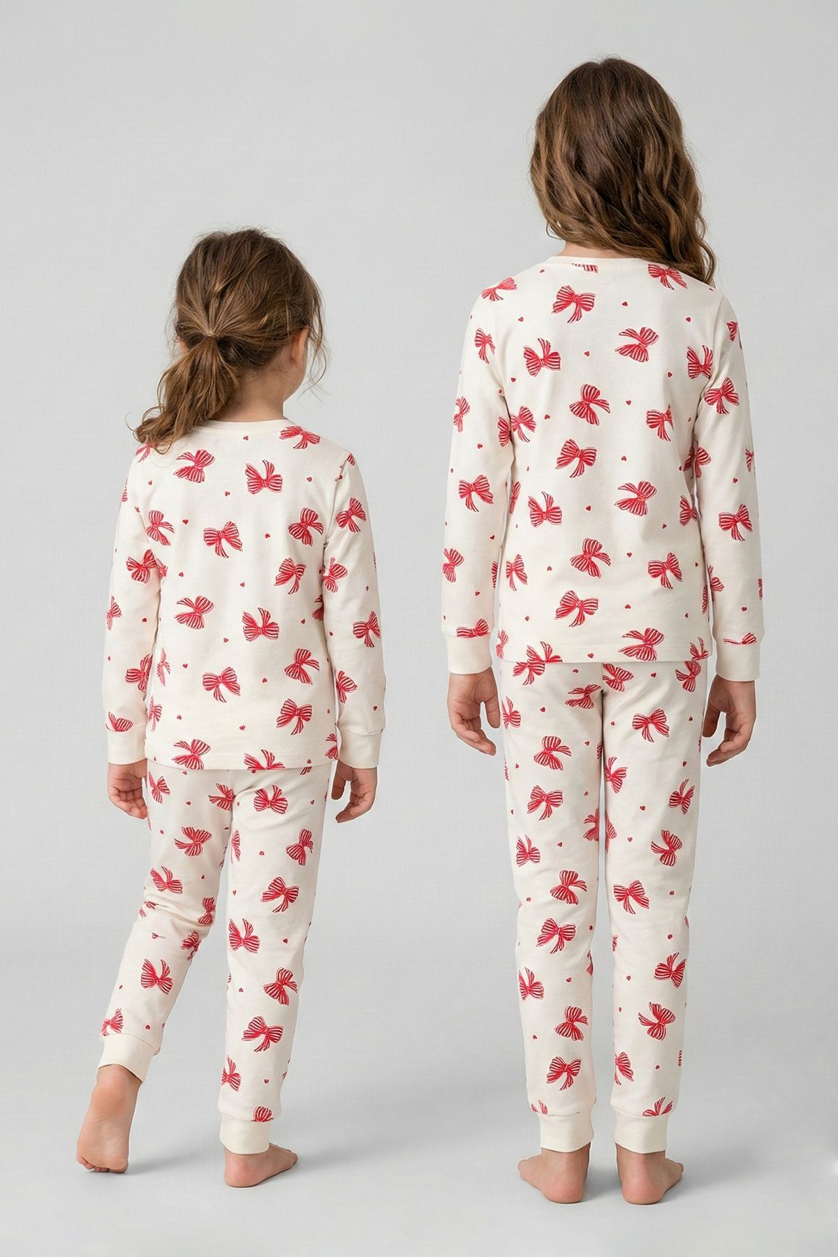 zuzunga Ekru Renk Kırmızı Fiyonk Baskılı Kız Çocuk Pijama Takımı fotoğrafı 7 (önizleme)