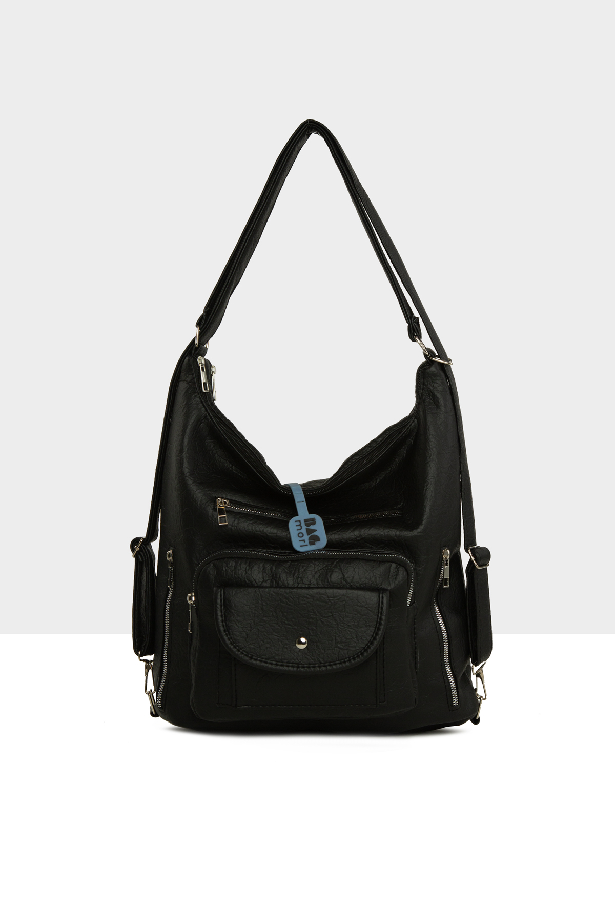 Women's Black Soft Textured Large Single Pocket Bag with Lid, Strap and Back M000008702