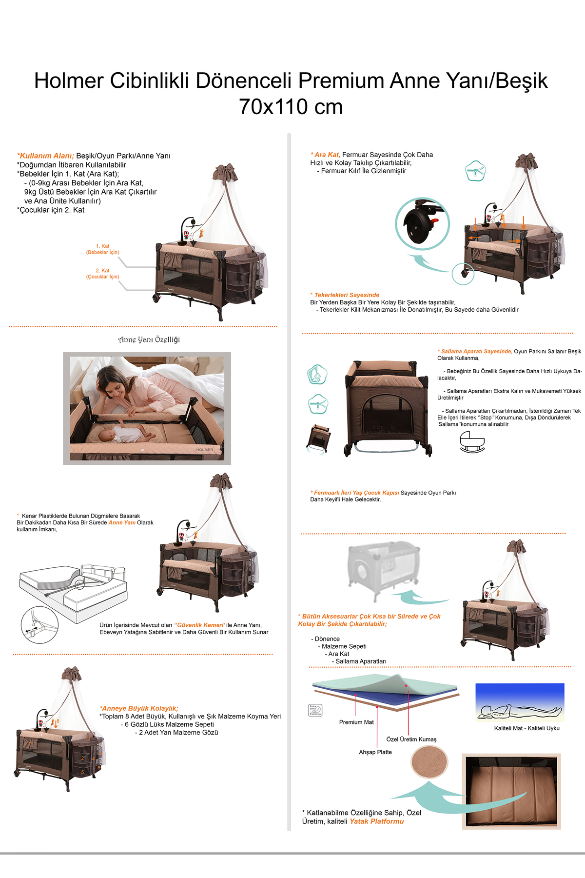 Holmer (YATAK HEDİYELİ) Oyun Parkı/ Anne Yanı/Park Yatak Cibinlikli Dönenceli 70x110cm BEJ fotoğrafı 5 (önizleme)