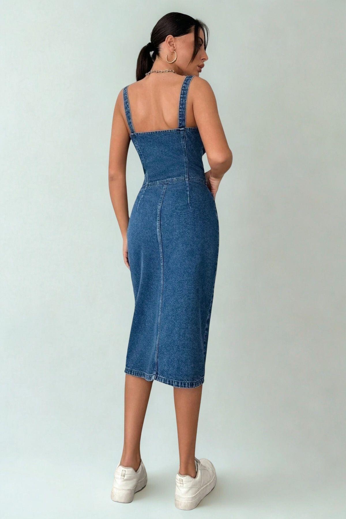 Polo State  Kadın Düğmeli Midi Boy Kot Elbise - Görsel 4