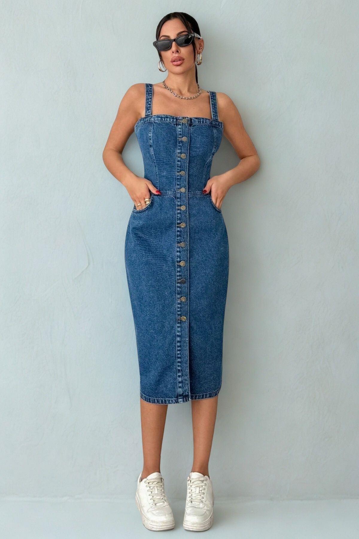 Polo State Dámske džínsové šaty midi dĺžky na gombíky