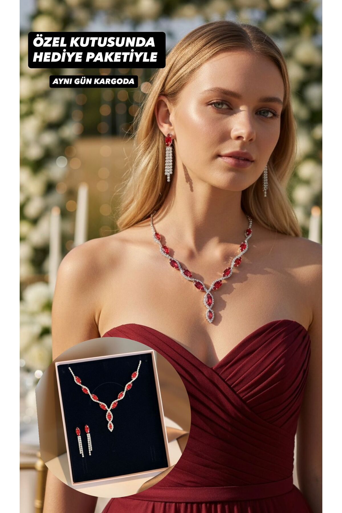 Laurel Silver Plated Red Gemstone Jewelry Set Necklace EarringsWedding Engagement Promise Wedding