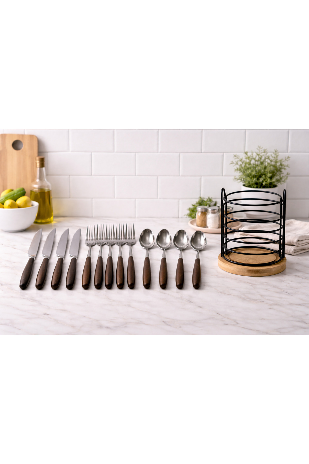 ALLEGRI 18-Piece Acacia Handle Stainless Steel Dinner Forks Knives and Spoons + Stylish Metal Cutlery Set