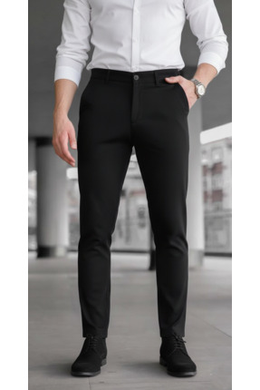 MY VİNTAGE Erkek Slim Fit Likralı Bilek Boy Italyan Kesim Siyah Kumaş Pantolon