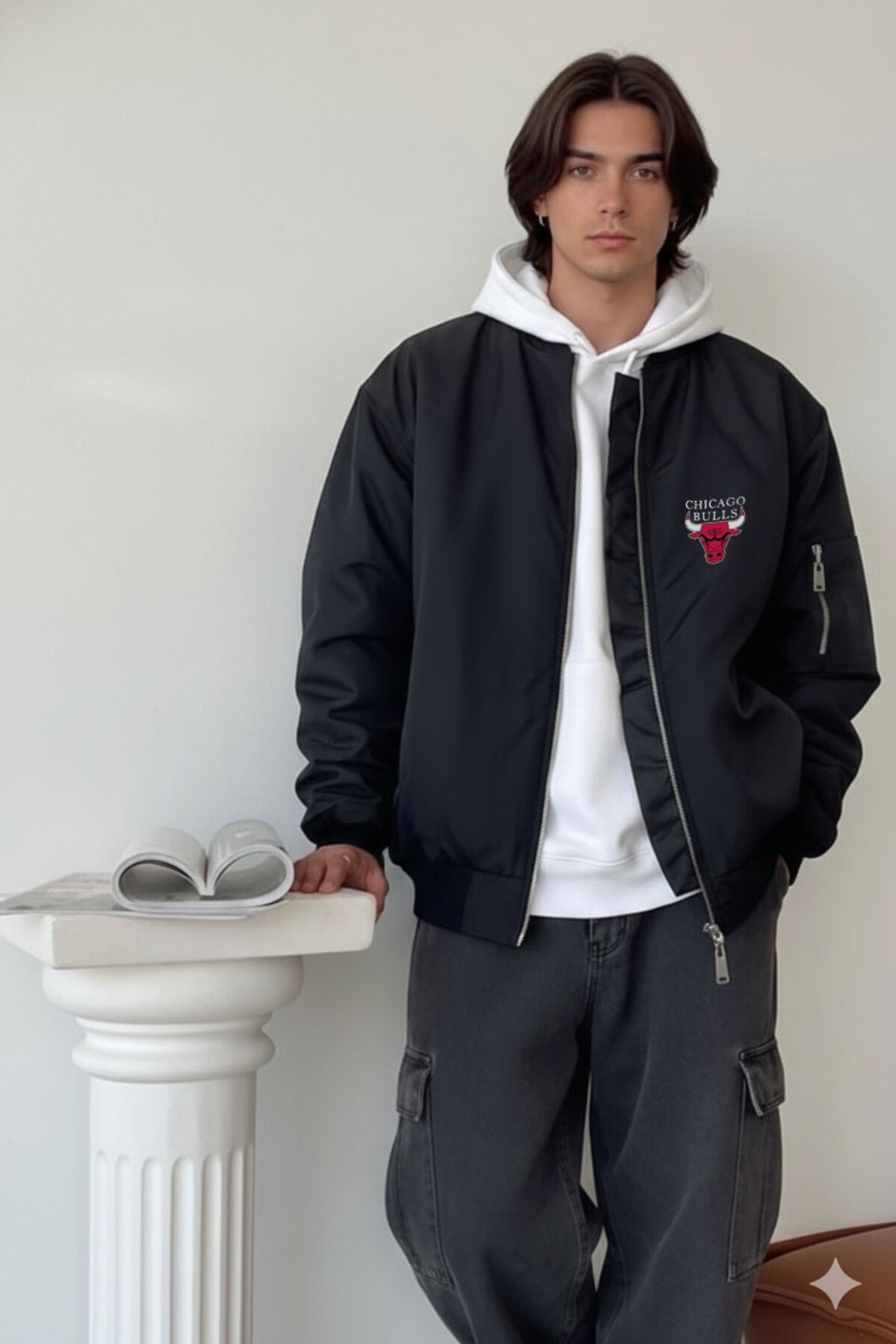 Cool mans Oversize Erkek Siyah Bomber Ceket - Su İtici Kumaş Mevsimlik Pilot Ceket görsel 2